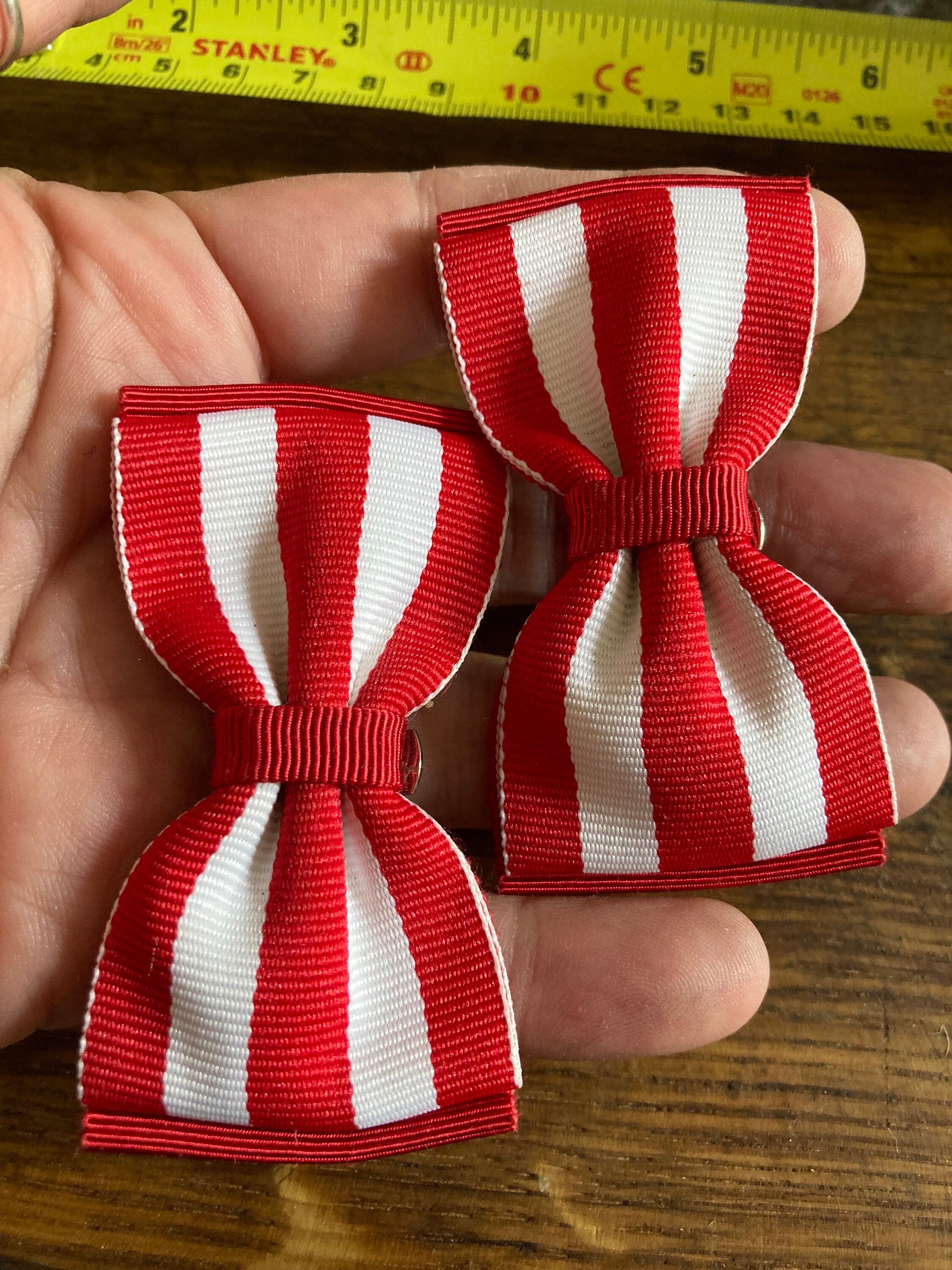 Vintage pair of bright red and white striped GROSGRAIN ribbon BOW shoe clips