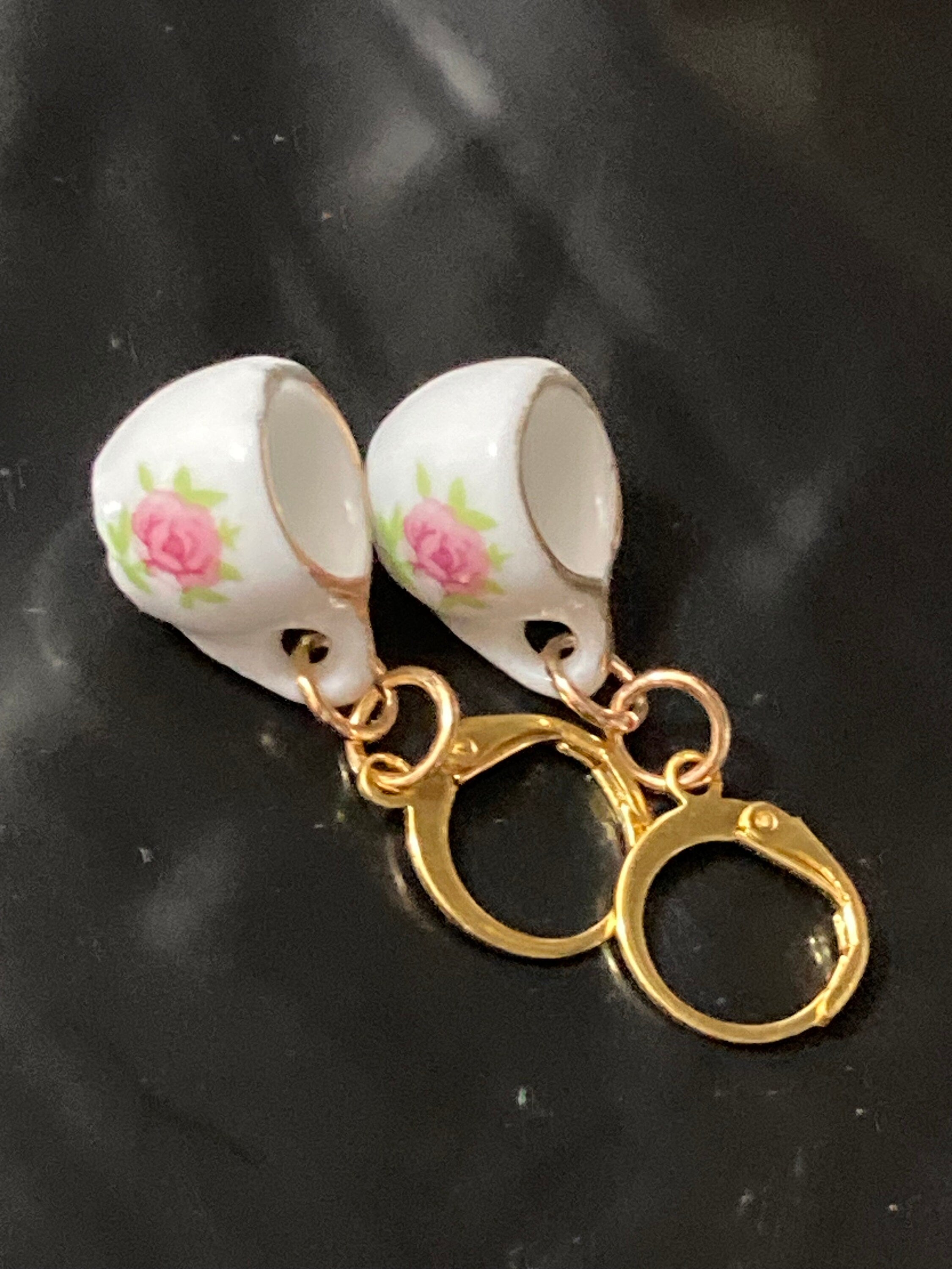White ceramic pink floral tea Cup earrings vintage tea party gold tone lever back