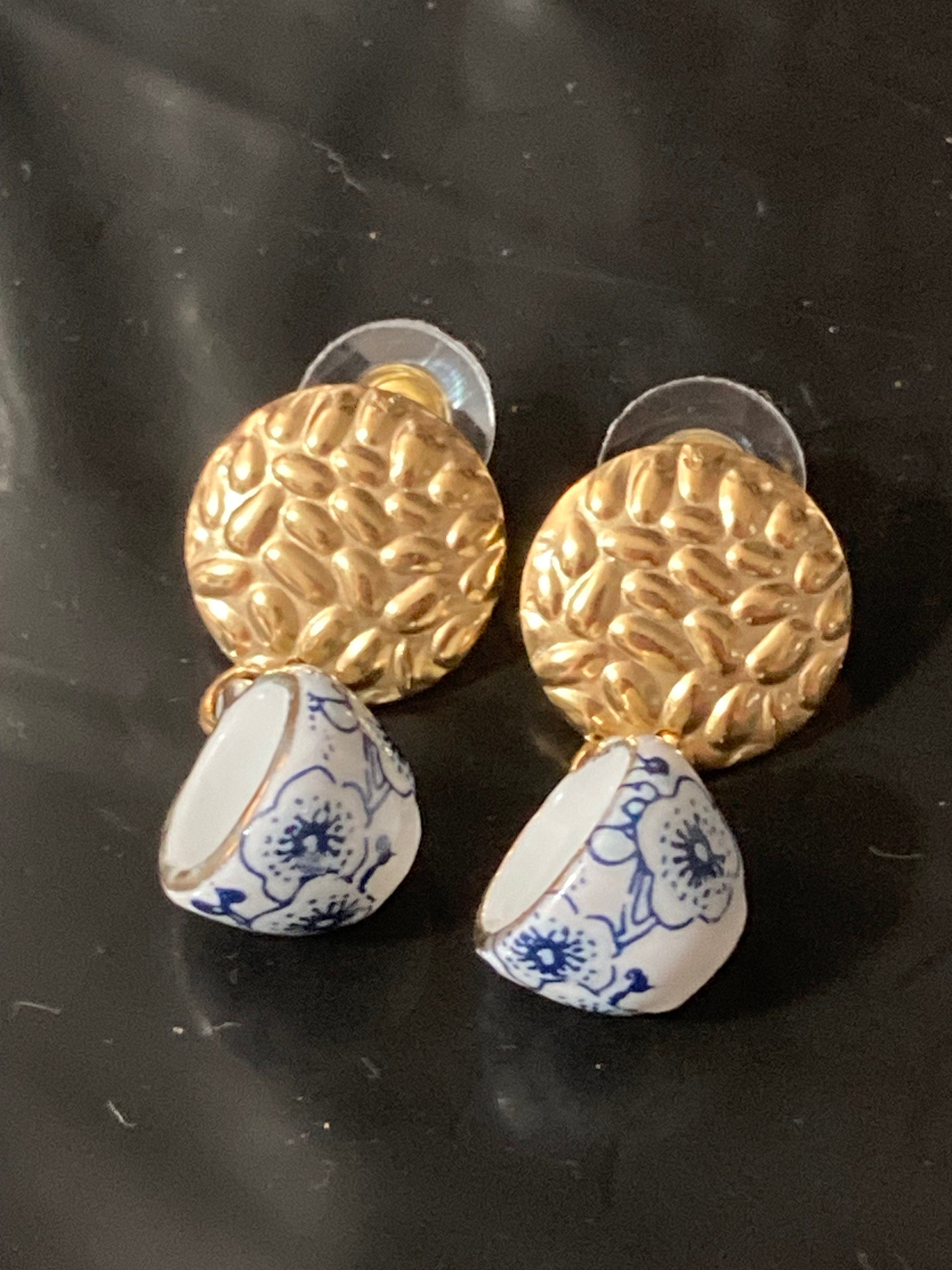 Ceramic Teacup Earrings: Blue Floral Japanese Amari Style, Gold Tone