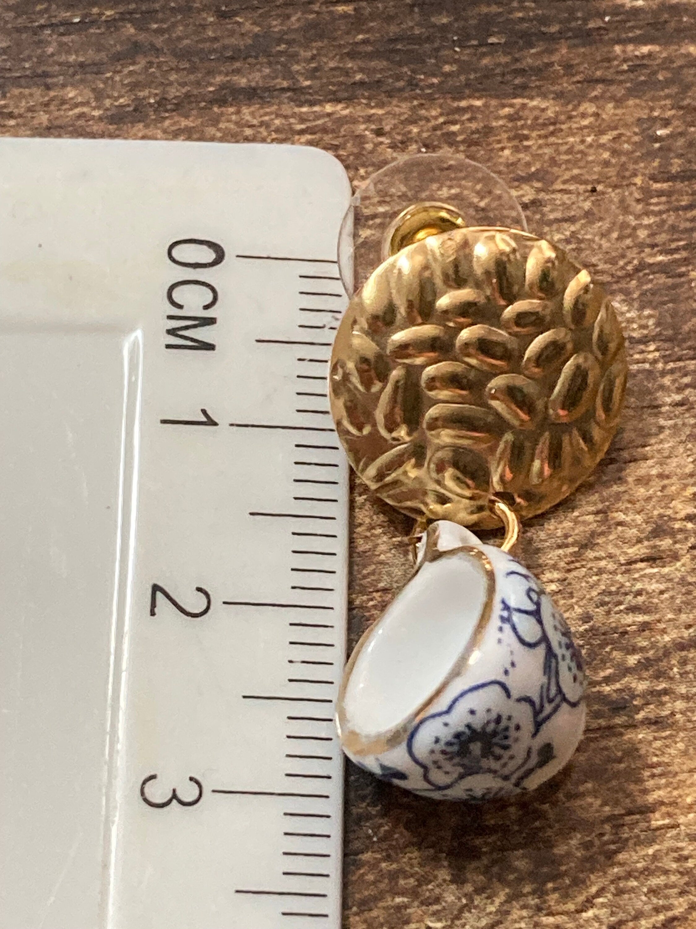 Ceramic Teacup Earrings: Blue Floral Japanese Amari Style, Gold Tone