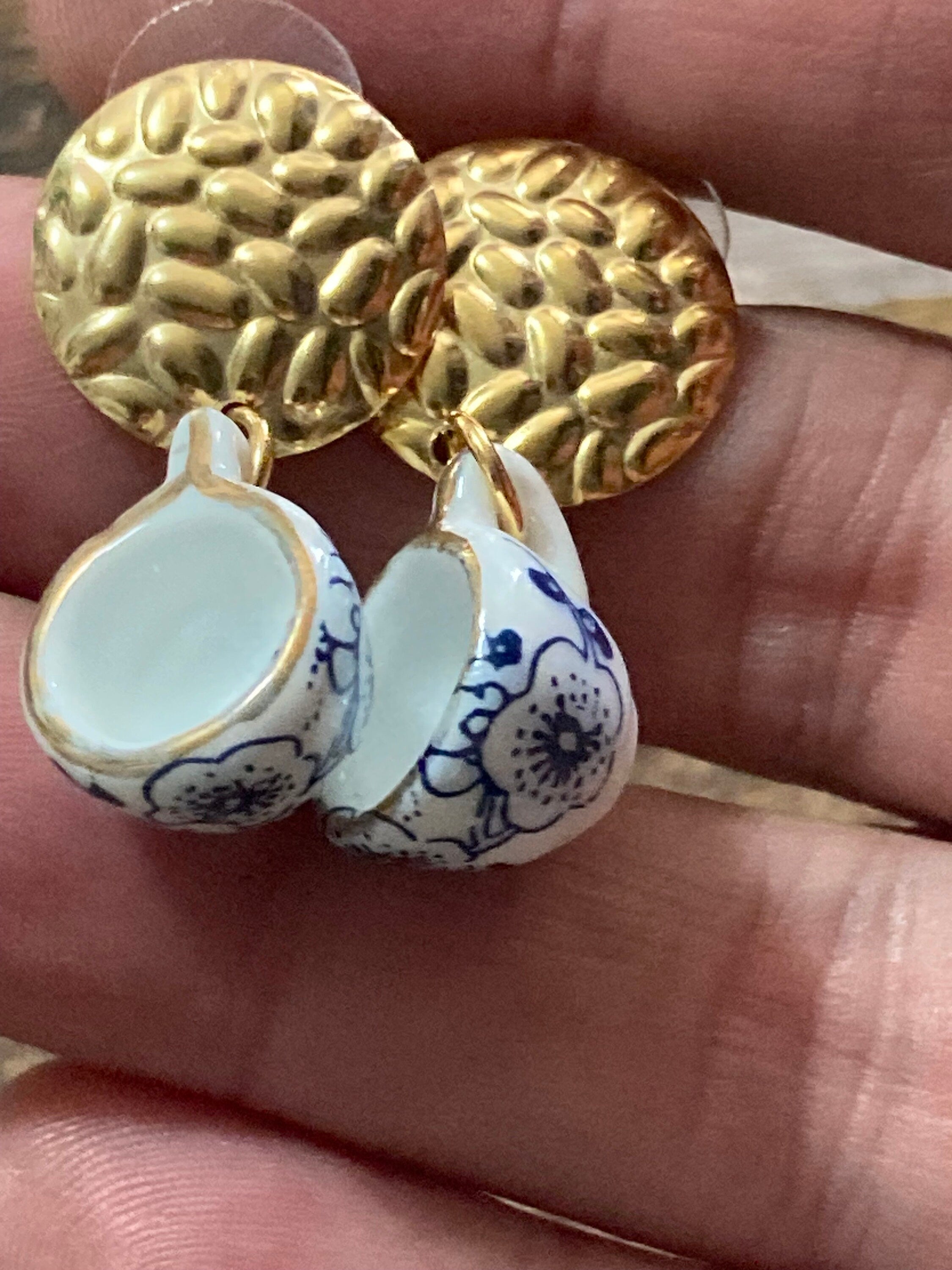 Ceramic Teacup Earrings: Blue Floral Japanese Amari Style, Gold Tone