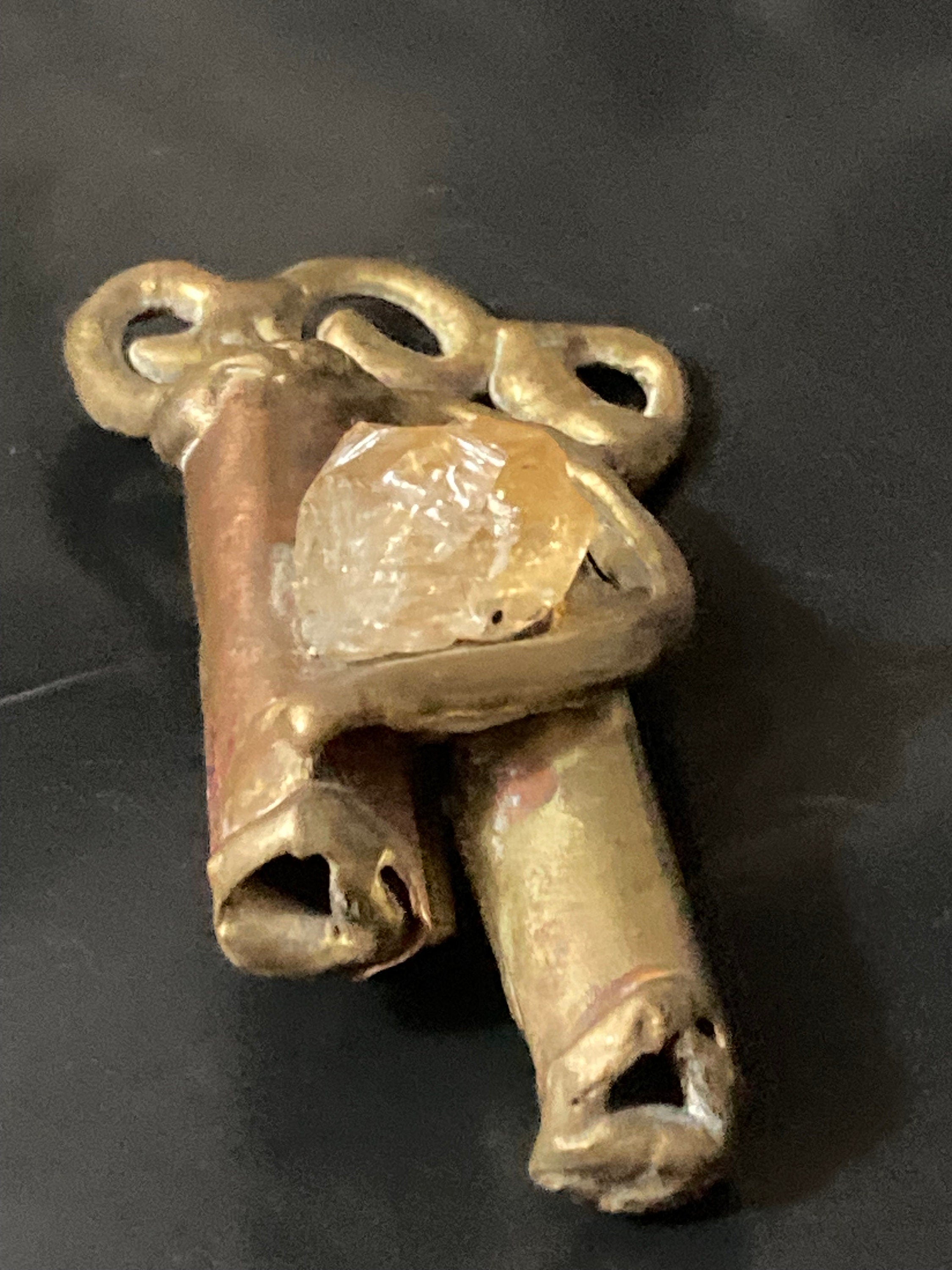 Vintage big Brass artisan handmade gemstone brooch signed