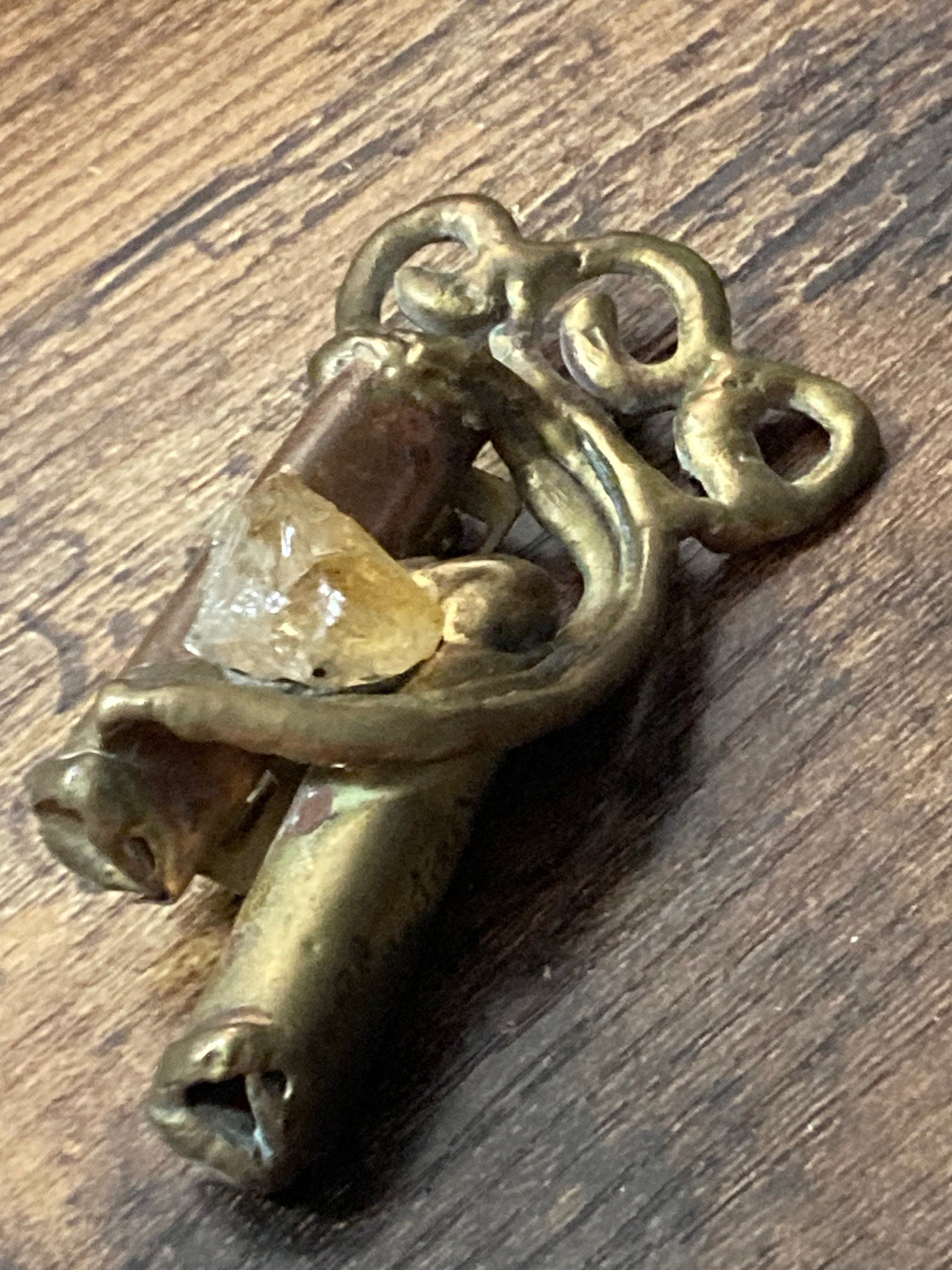 Vintage big Brass artisan handmade gemstone brooch signed