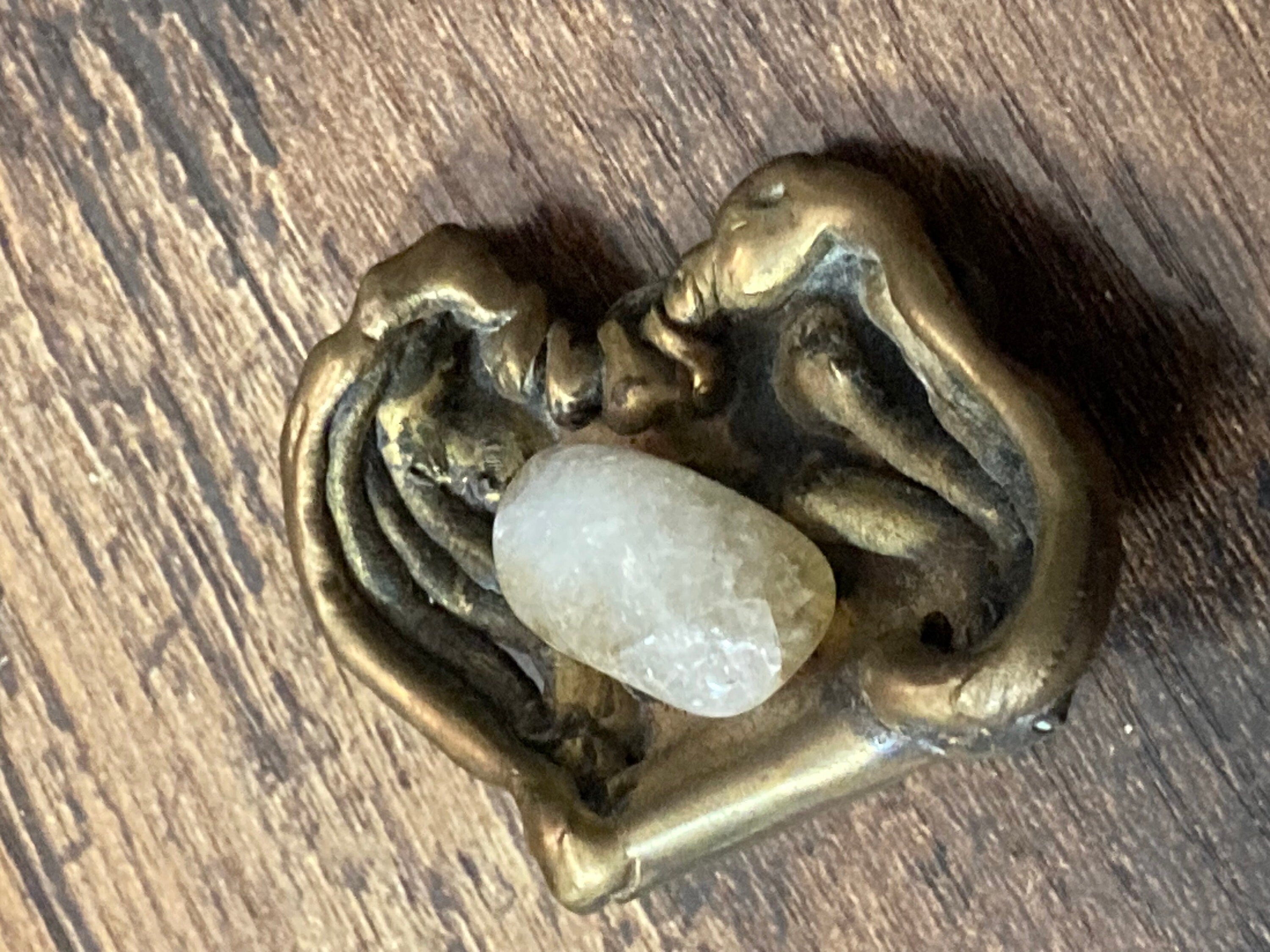 Vintage big Brass artisan handmade gemstone brooch