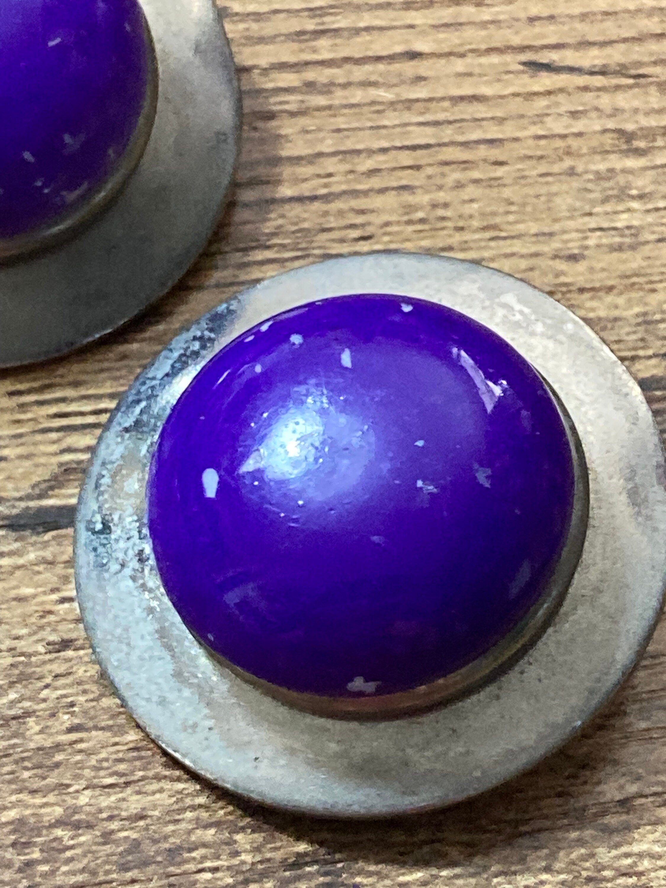 Vintage French silver tone metal 32mm round domed ceramic purple cabochons clip on earrings