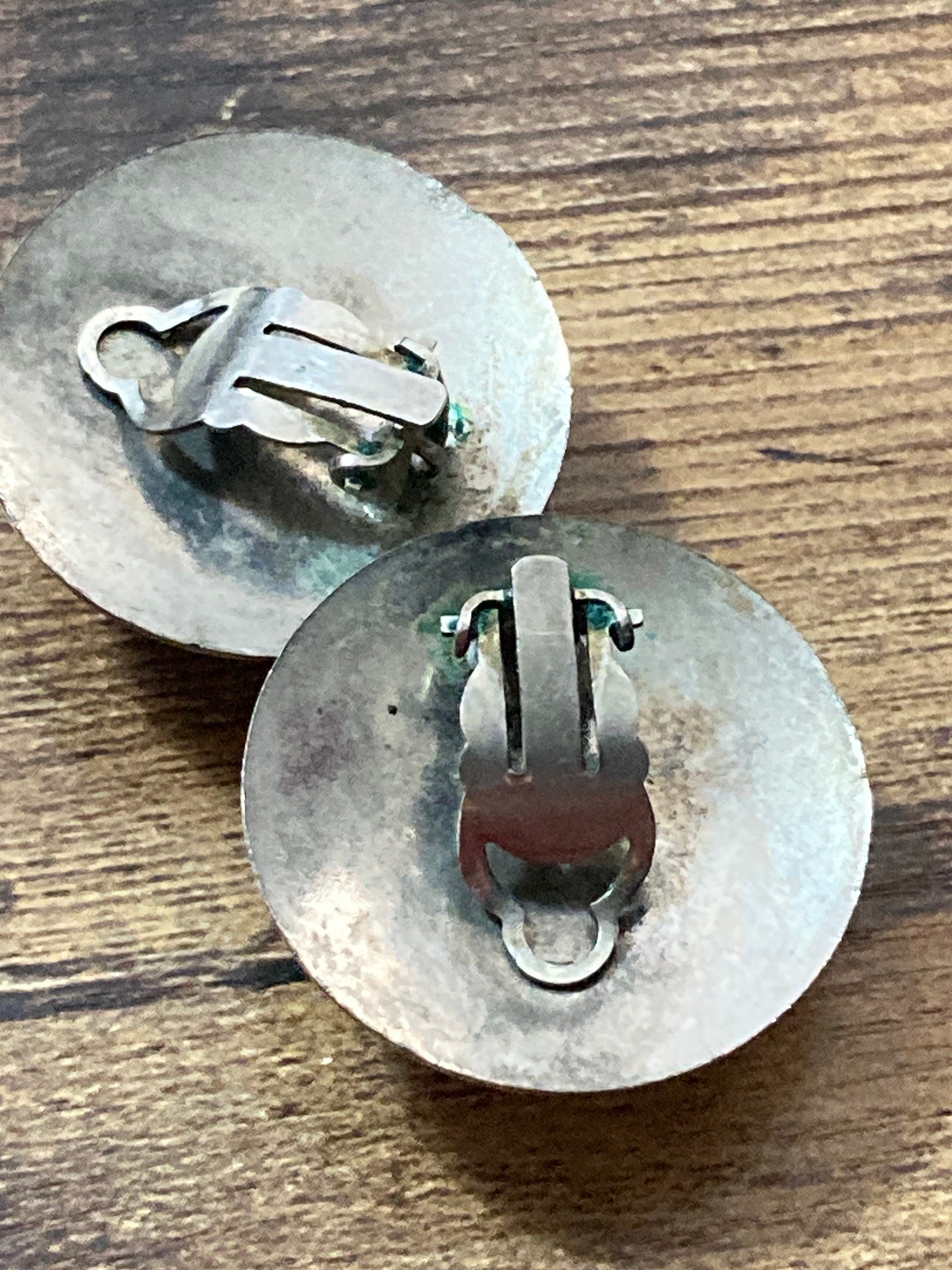 Vintage French silver tone metal 32mm round domed ceramic purple cabochons clip on earrings