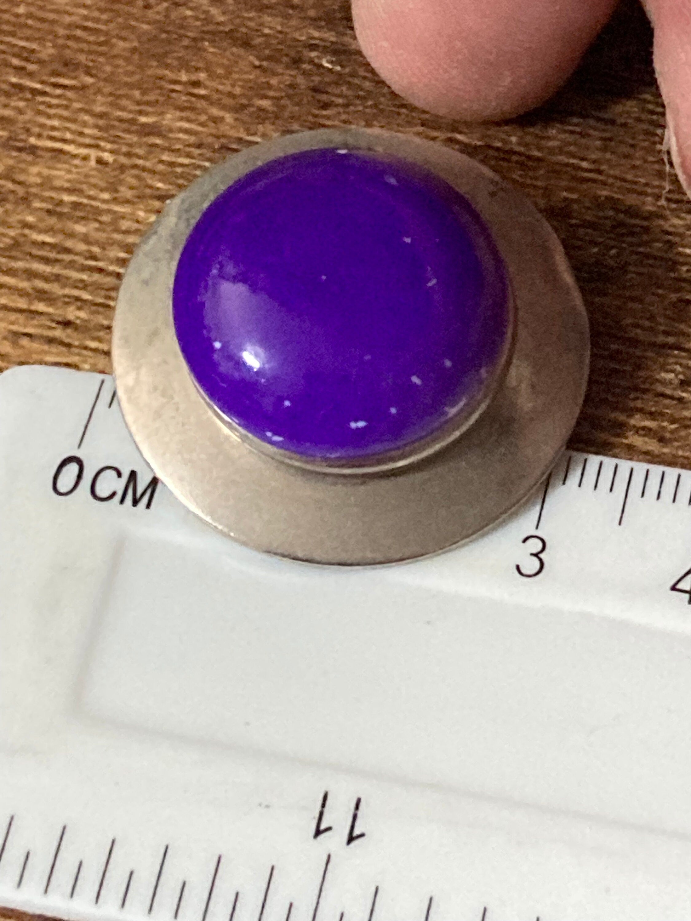 Vintage French silver tone metal 32mm round domed ceramic purple cabochons clip on earrings