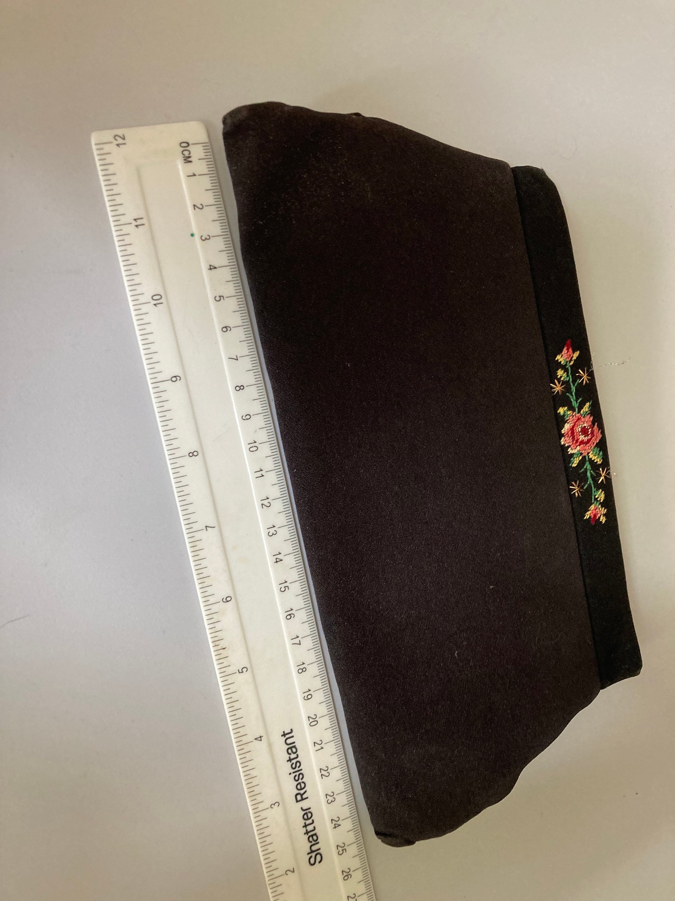 Vintage black crepe Evening Bag Purse with floral petit point embroidery mid century