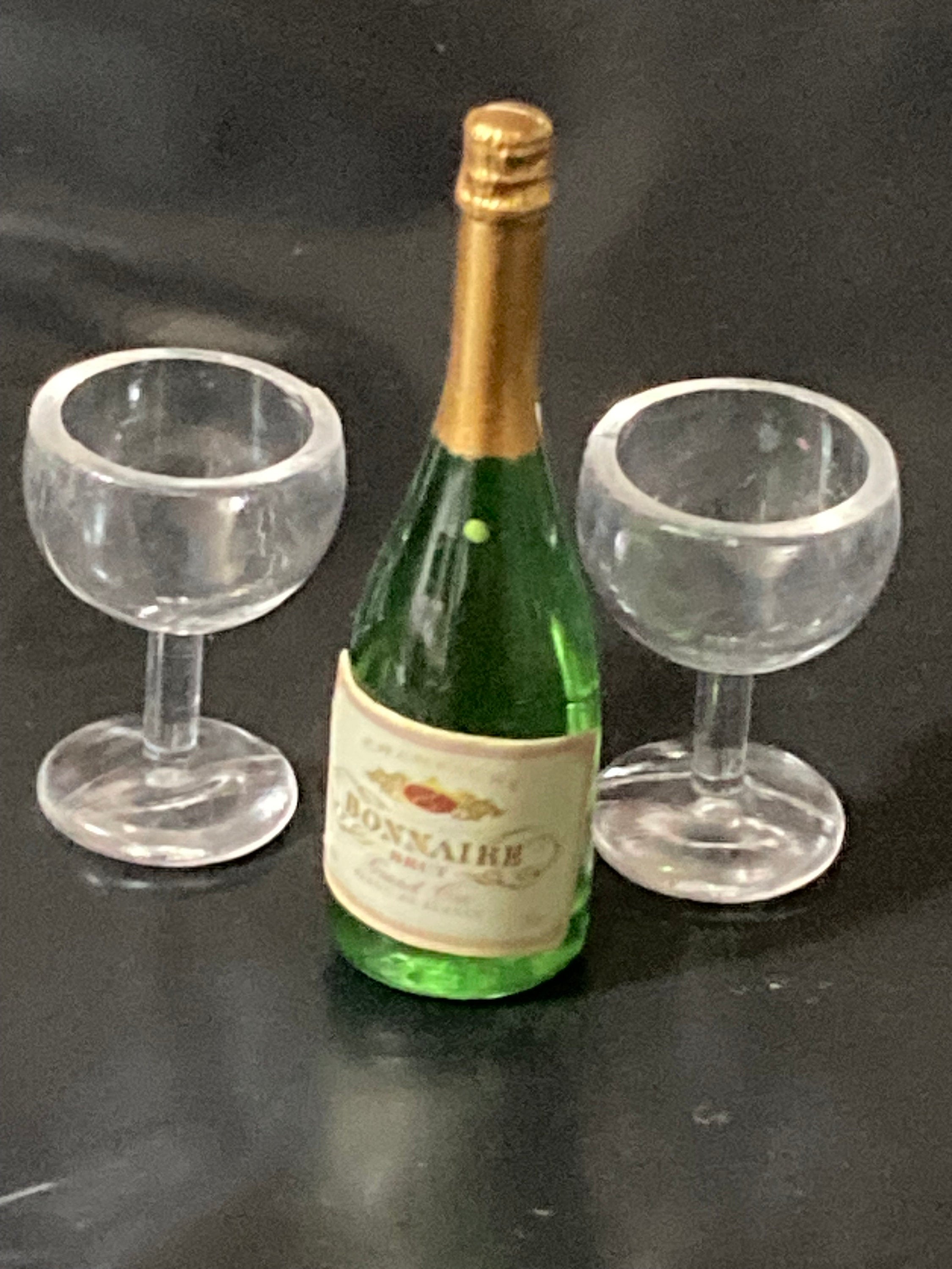 Miniature champagne bottle and two glasses coupes cake topper dollhouses naughty elf prop