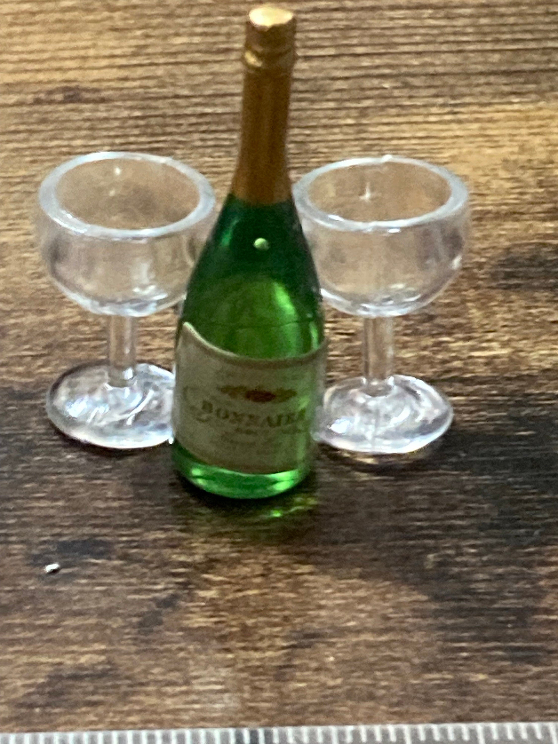 Miniature champagne bottle and two glasses coupes cake topper dollhouses naughty elf prop
