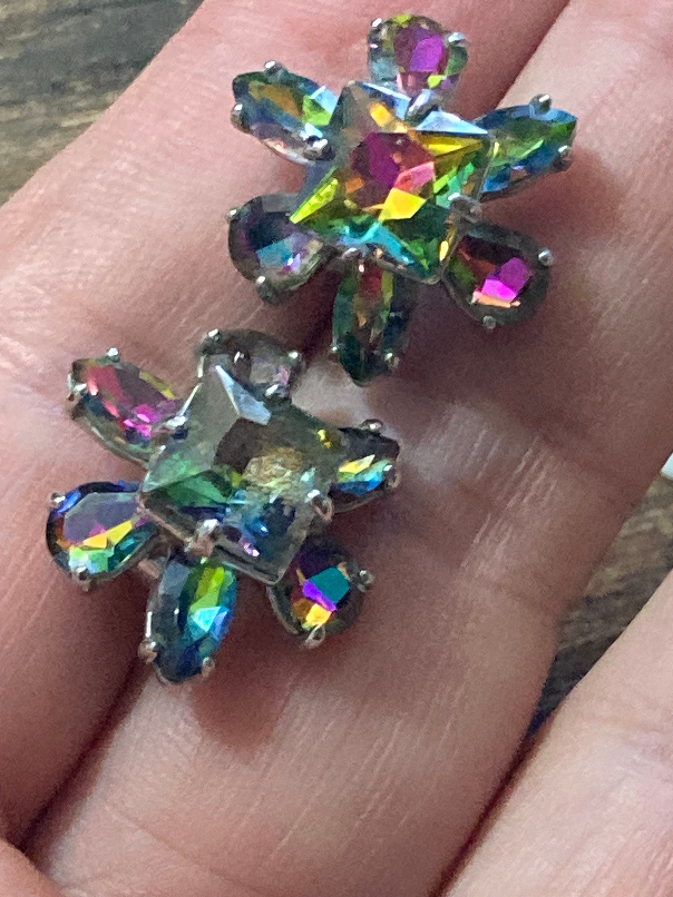 Retro silver tone watermelon diamanté paste flower cluster stud earrings for pierced ears