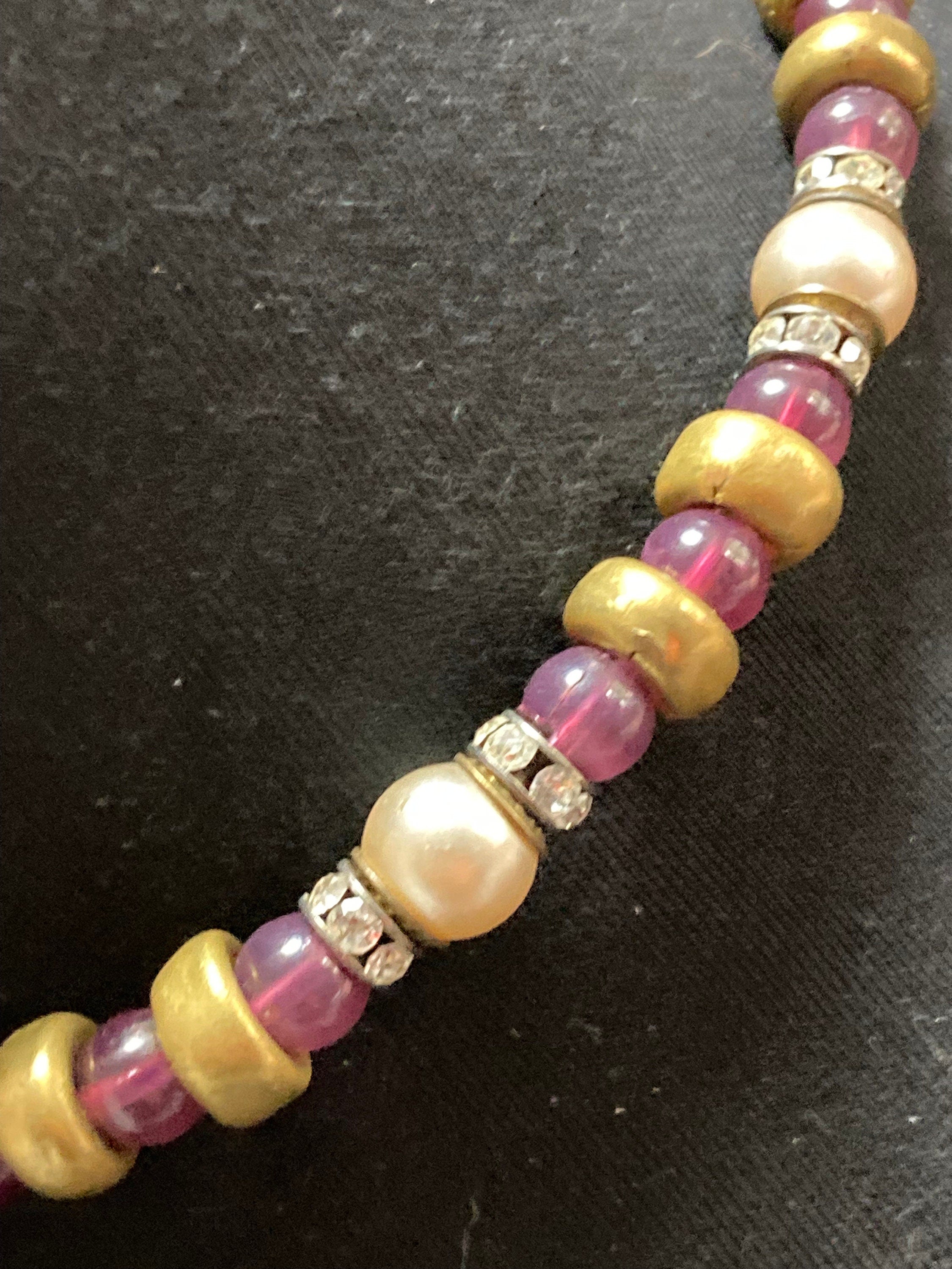Vintage carlo Zini Italian high end designer amethyst brass & faux pearl beaded necklace signed