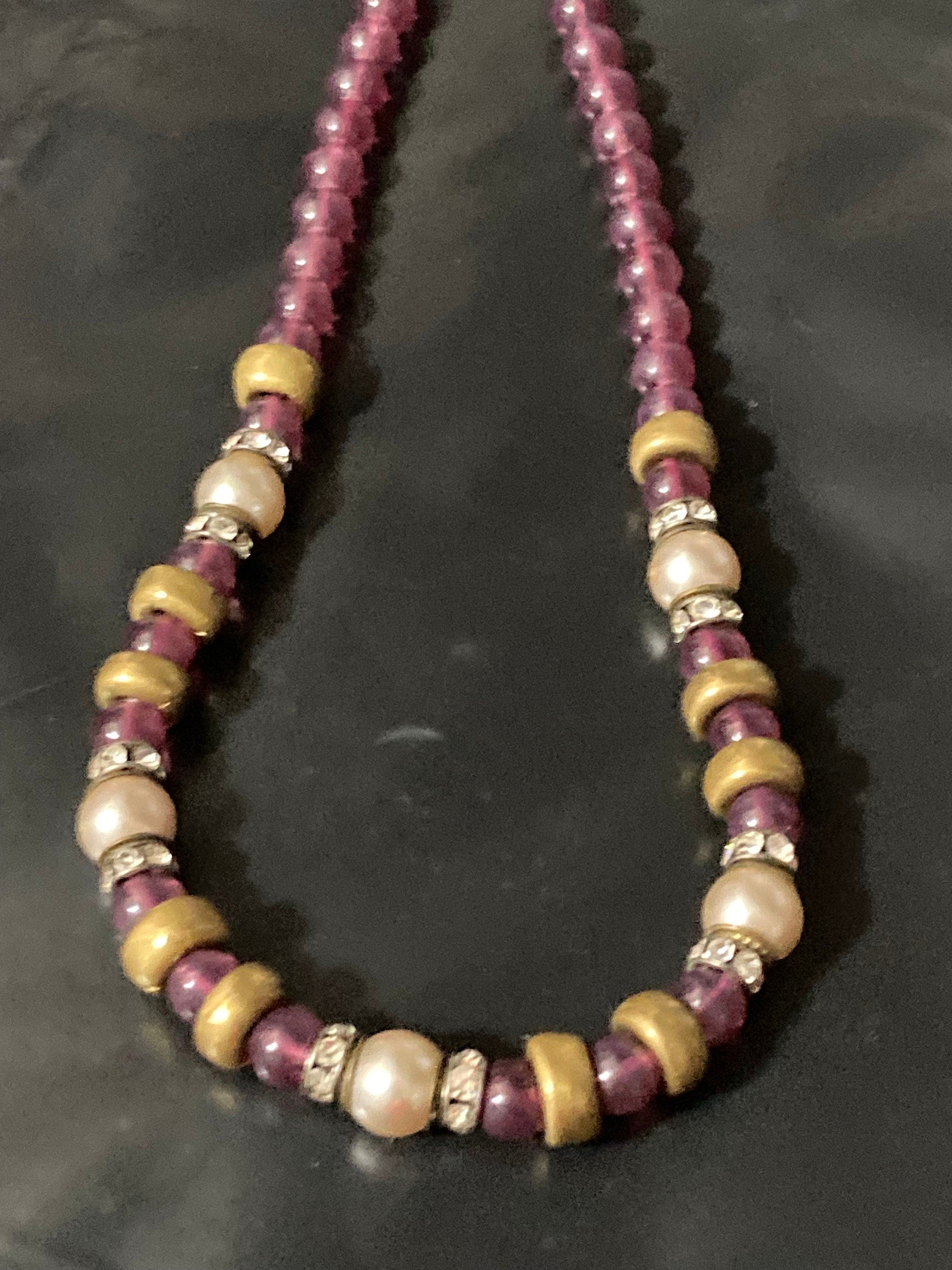 Vintage carlo Zini Italian high end designer amethyst brass & faux pearl beaded necklace signed