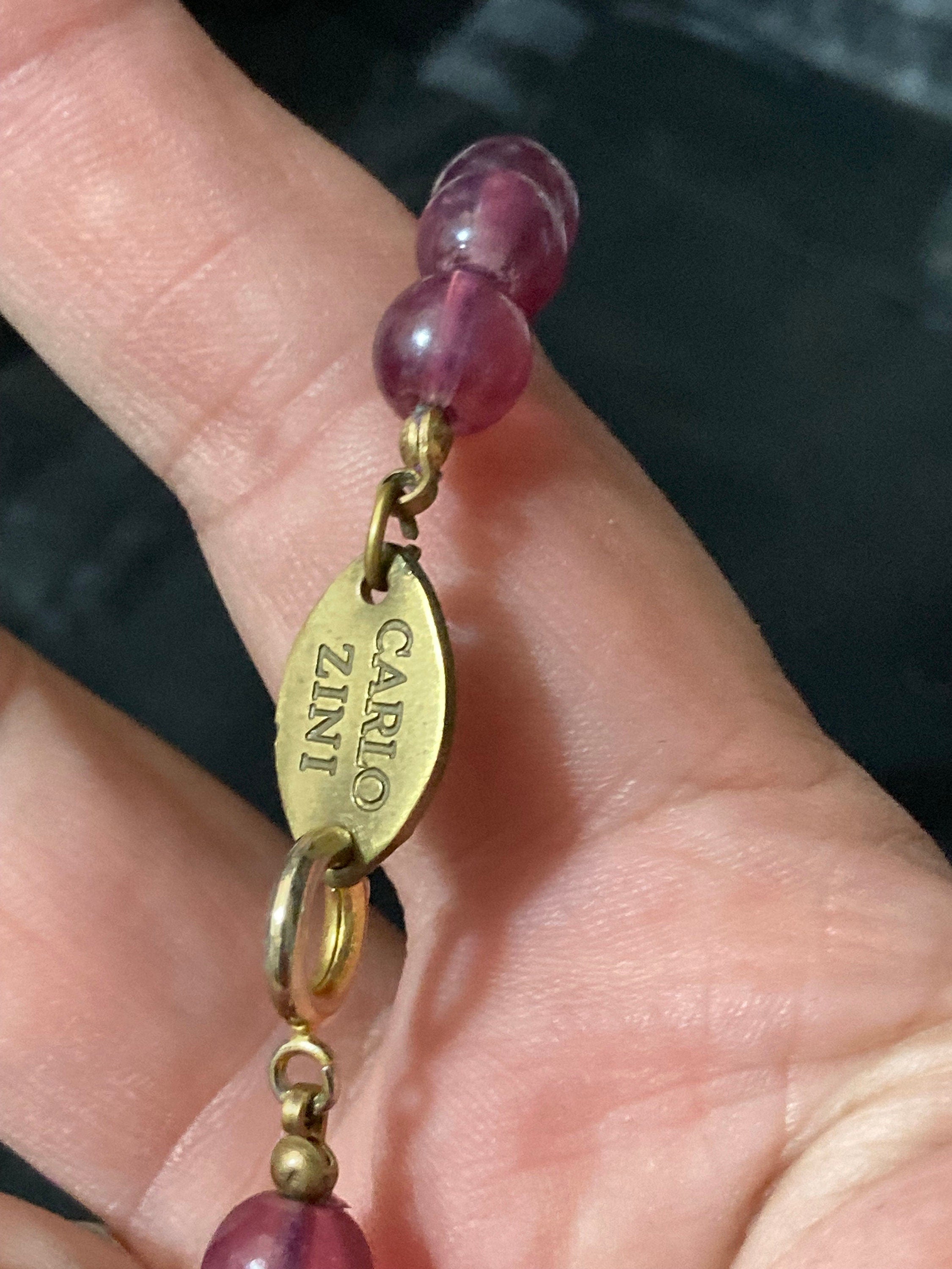 Vintage carlo Zini Italian high end designer amethyst brass & faux pearl beaded necklace signed