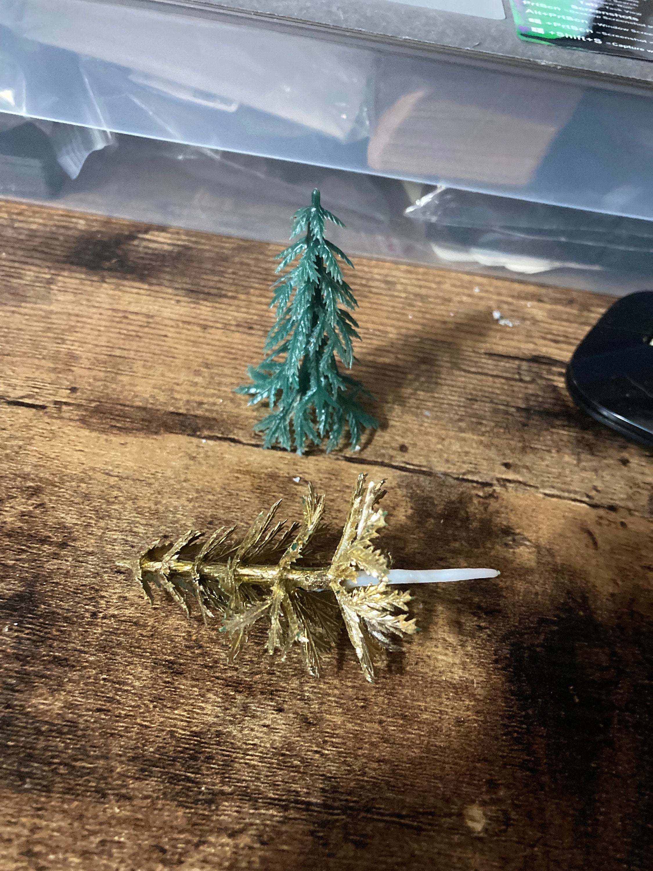 2 x Vintage plastic green and gold mix 1960s miniature Fir tree Christmas tree cake topper
