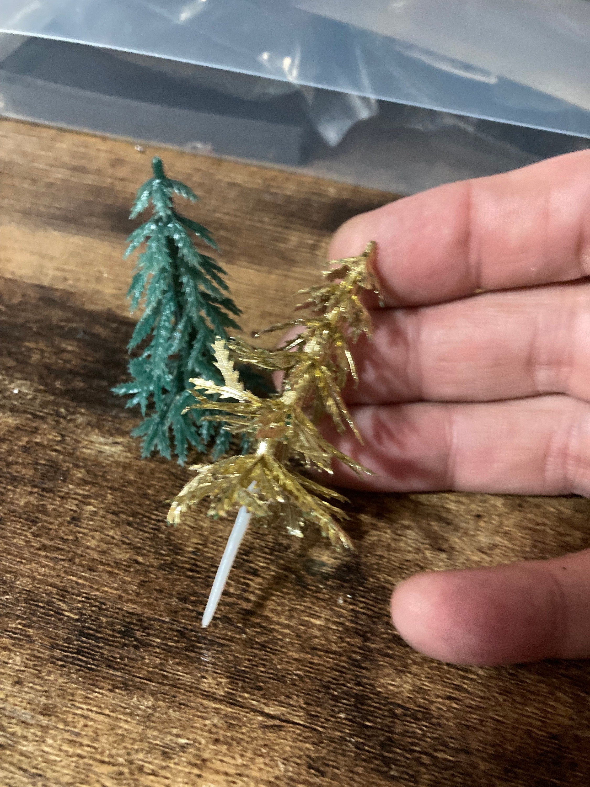 2 x Vintage plastic green and gold mix 1960s miniature Fir tree Christmas tree cake topper