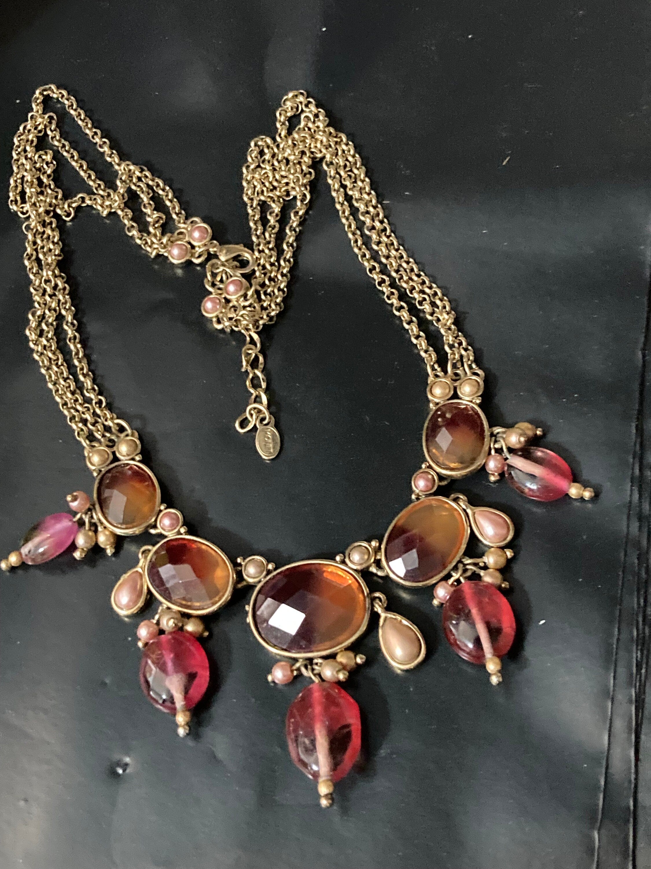 signed MONET red brown pink autumnal beaded bib drop necklace