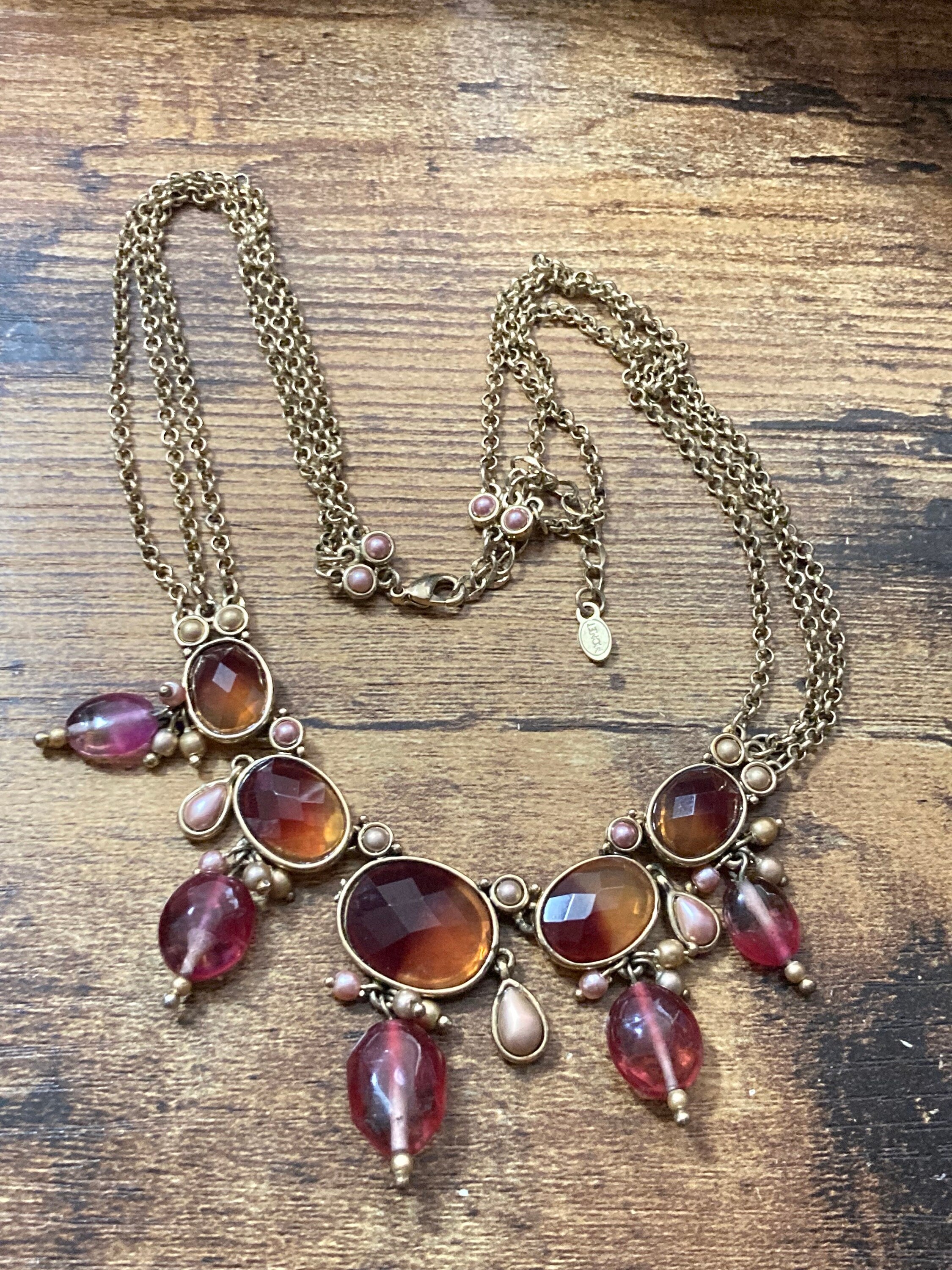 signed MONET red brown pink bib necklace, autumnal beaded