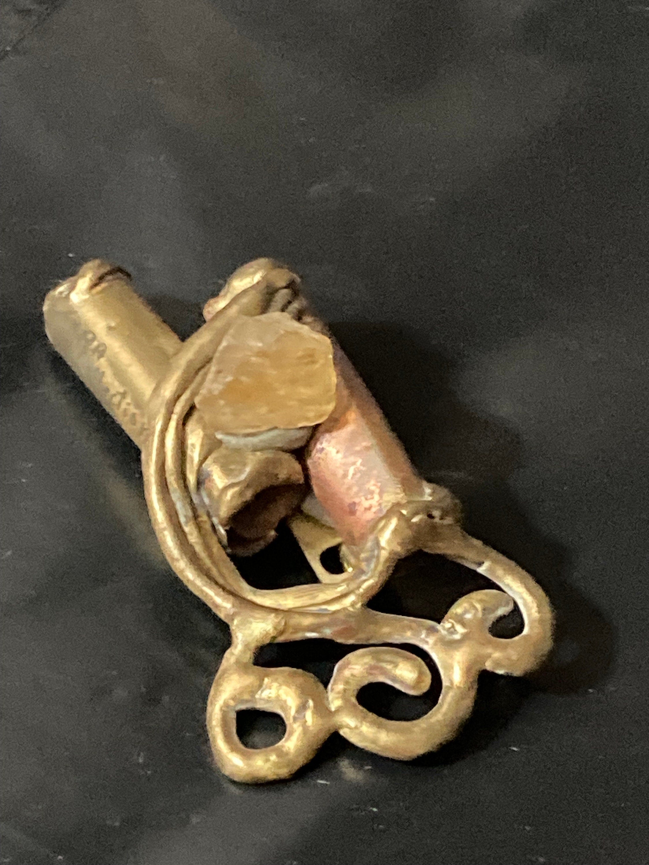 Vintage big Brass artisan handmade gemstone brooch signed