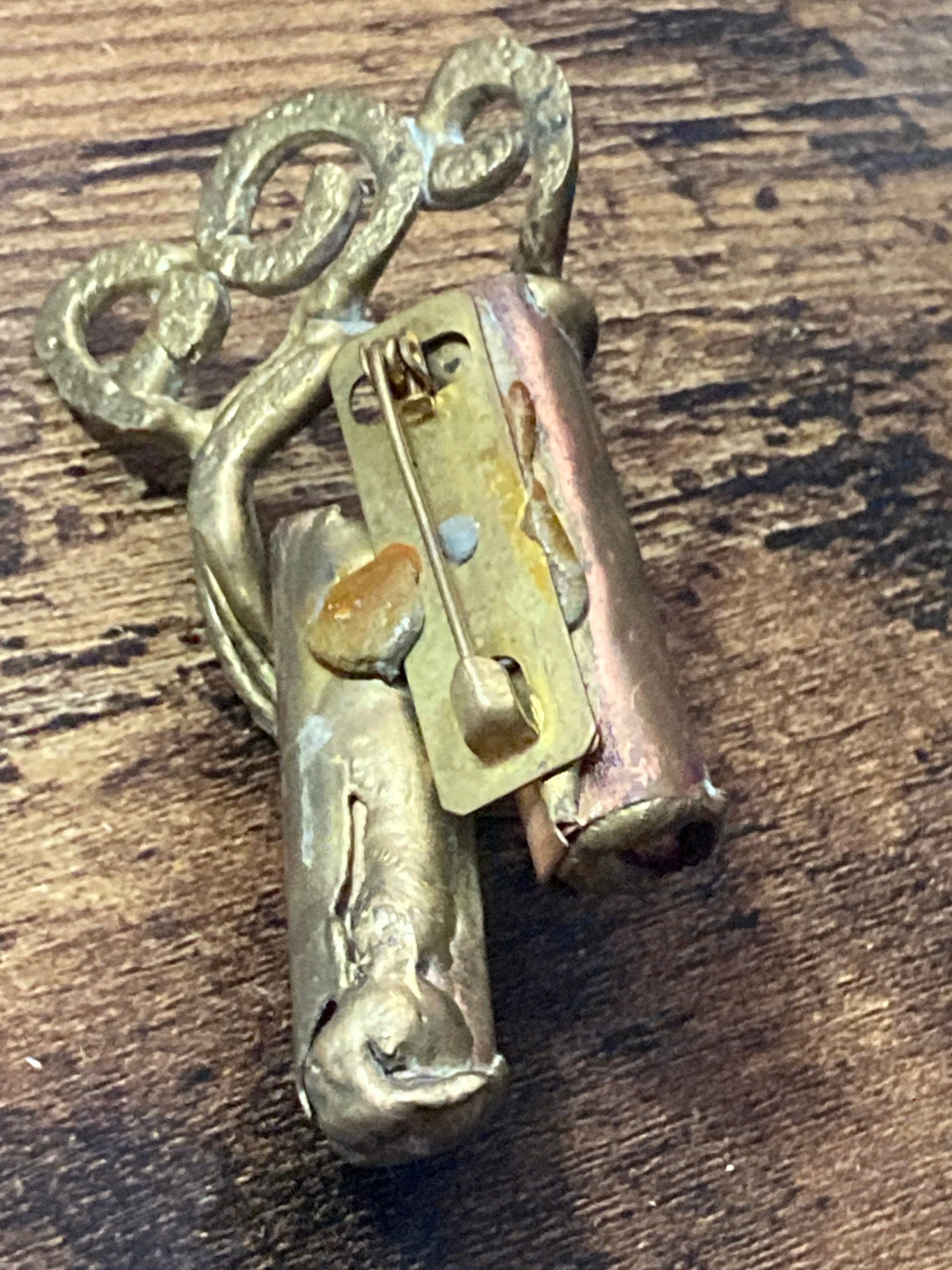 Vintage big Brass artisan handmade gemstone brooch signed