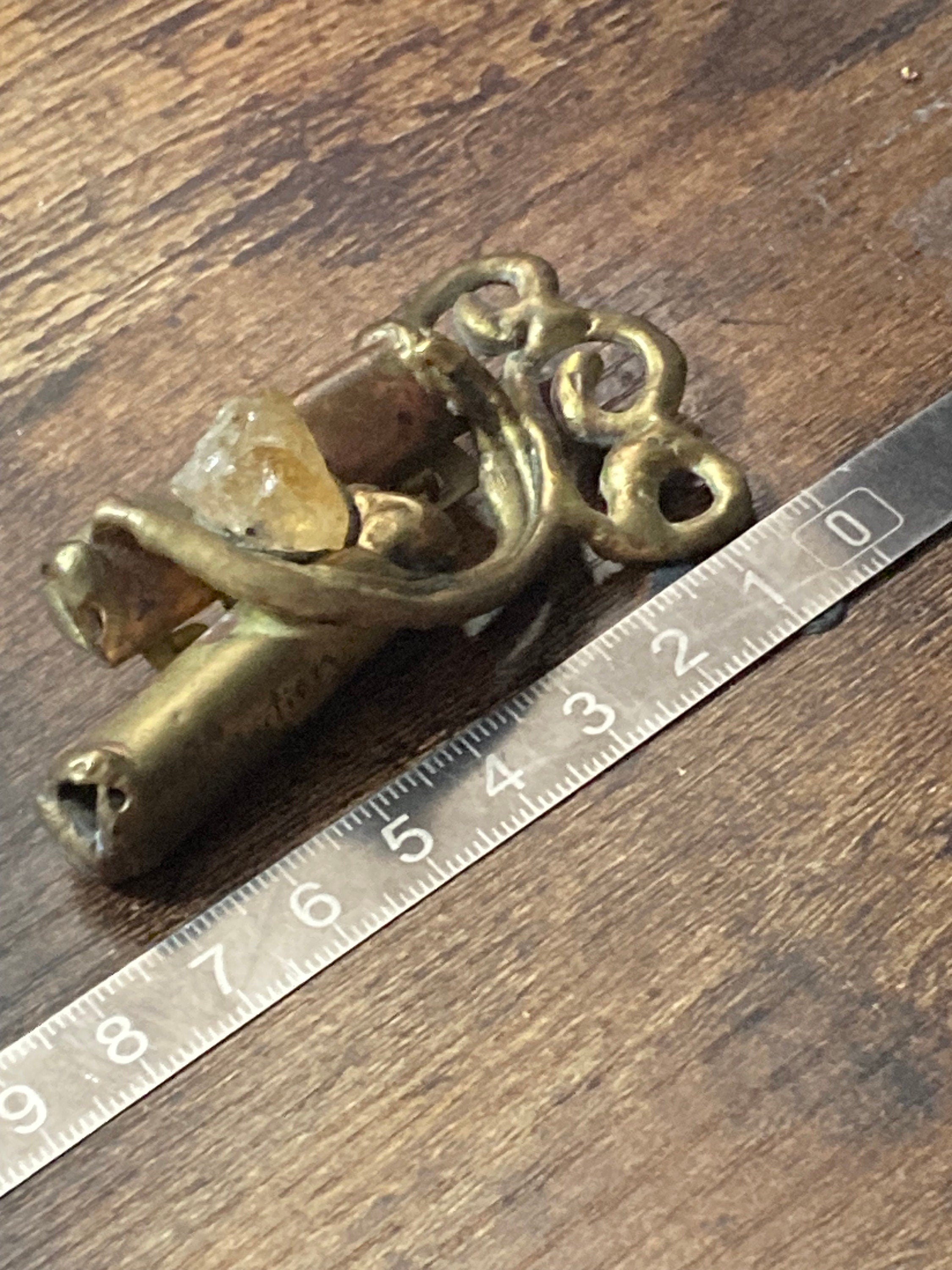 Vintage big Brass artisan handmade gemstone brooch signed