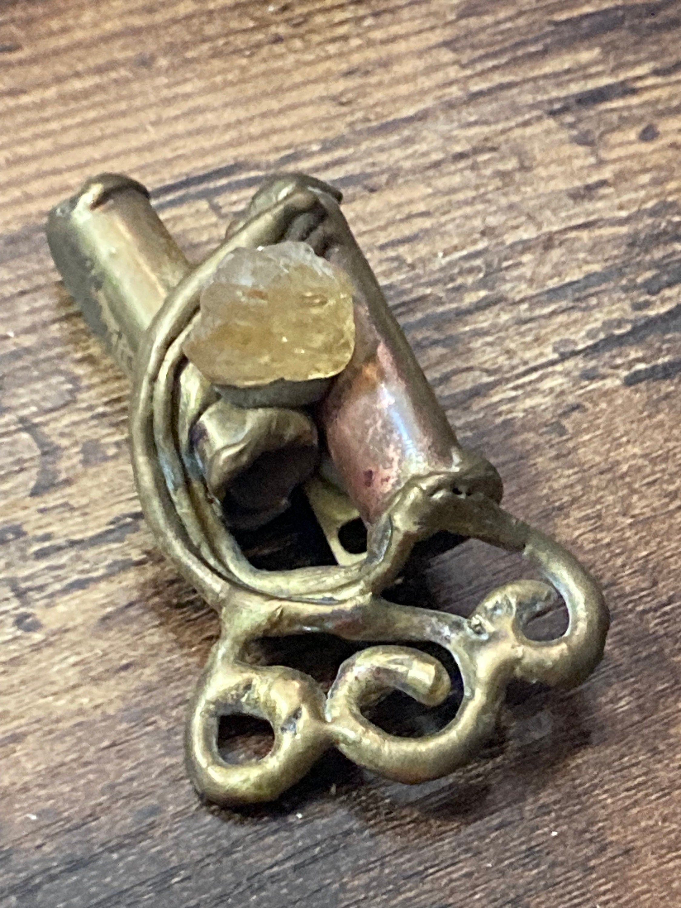 Vintage big Brass artisan handmade gemstone brooch signed