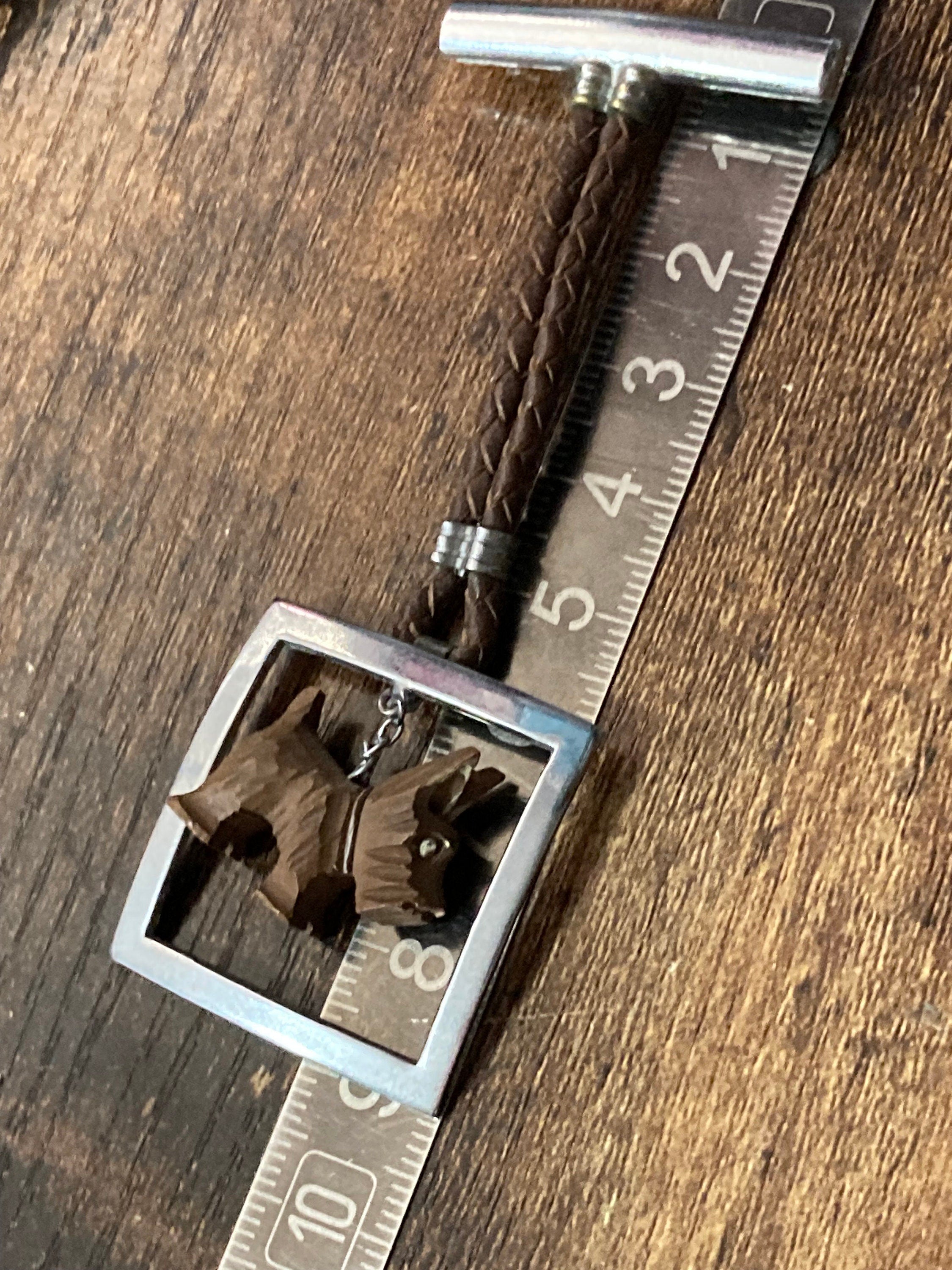 Art Deco Scottie Dog Brooch: Carved Wood Pendant, Chrome Bar, 1920s