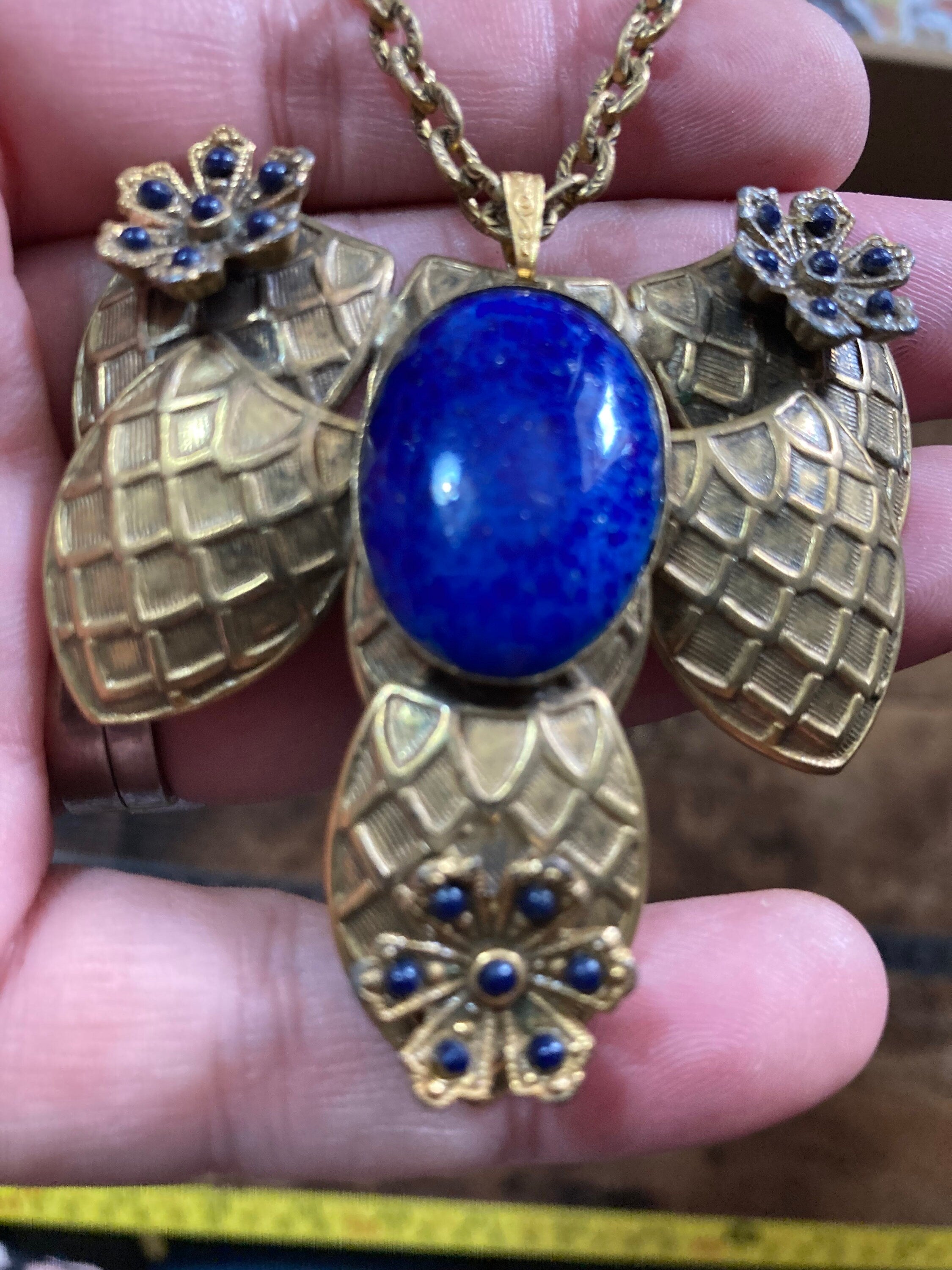 Czech Art Deco Egyptian style bright blue Oval gemstone cabochon micro bead necklace