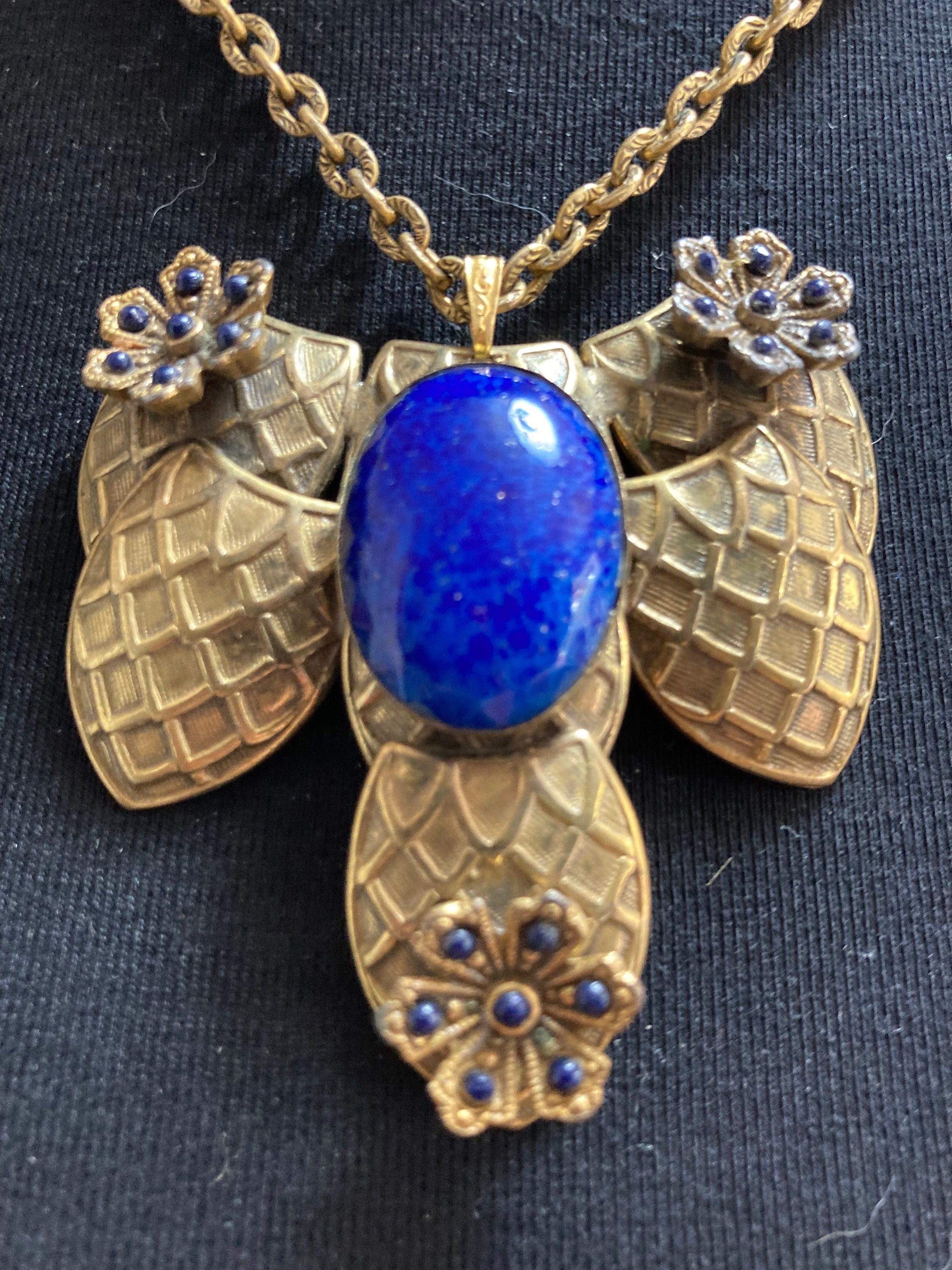 Czech Art Deco Egyptian style bright blue Oval gemstone cabochon micro bead necklace