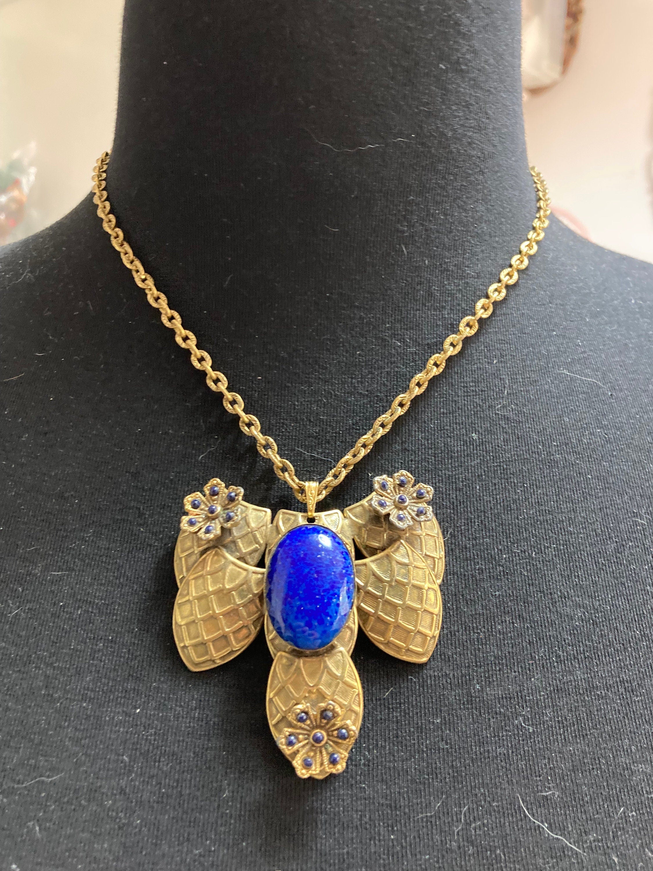 Czech Art Deco Egyptian style bright blue Oval gemstone cabochon micro bead necklace