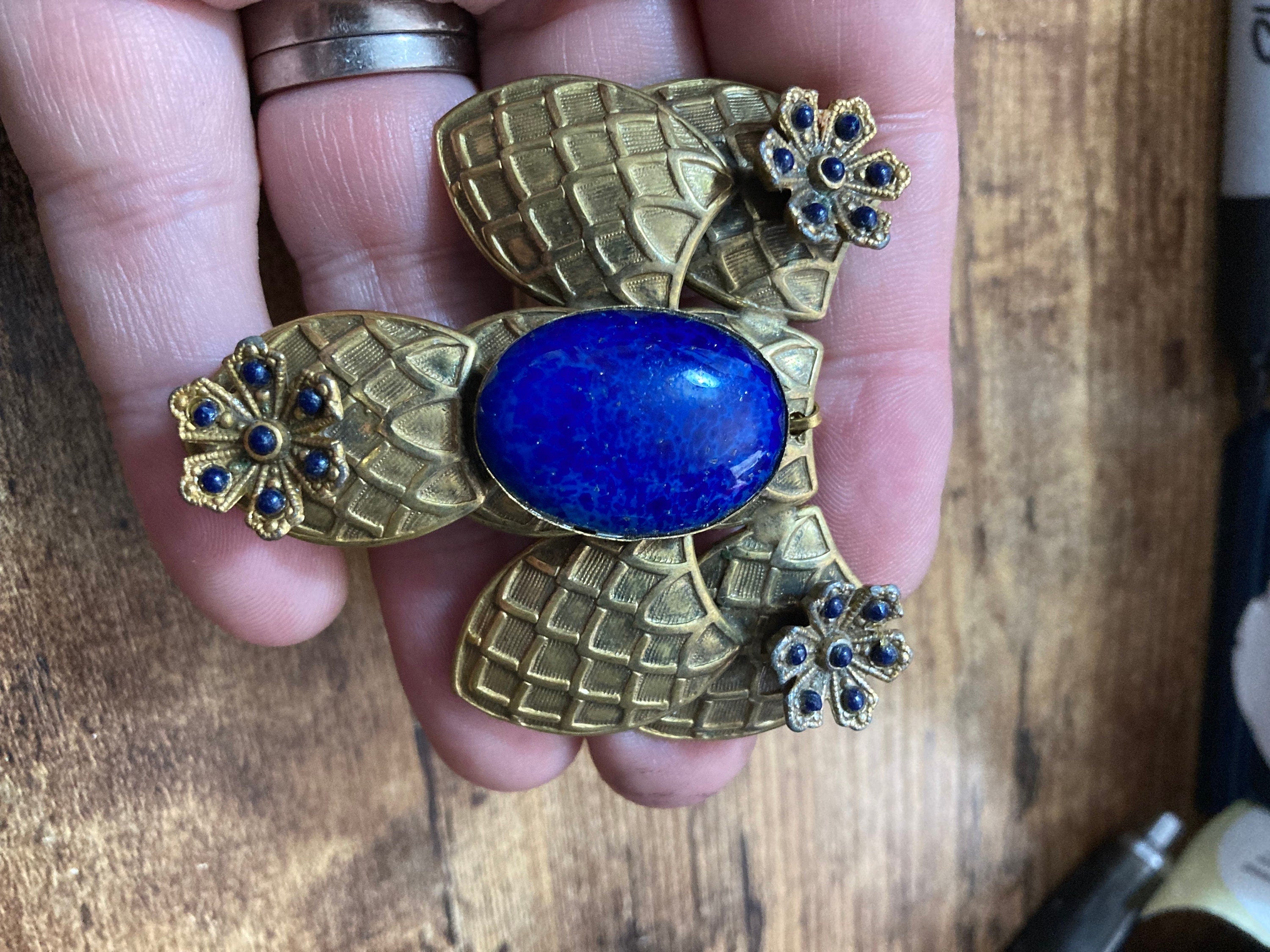 Czech Art Deco Egyptian style bright blue Oval gemstone cabochon micro bead necklace