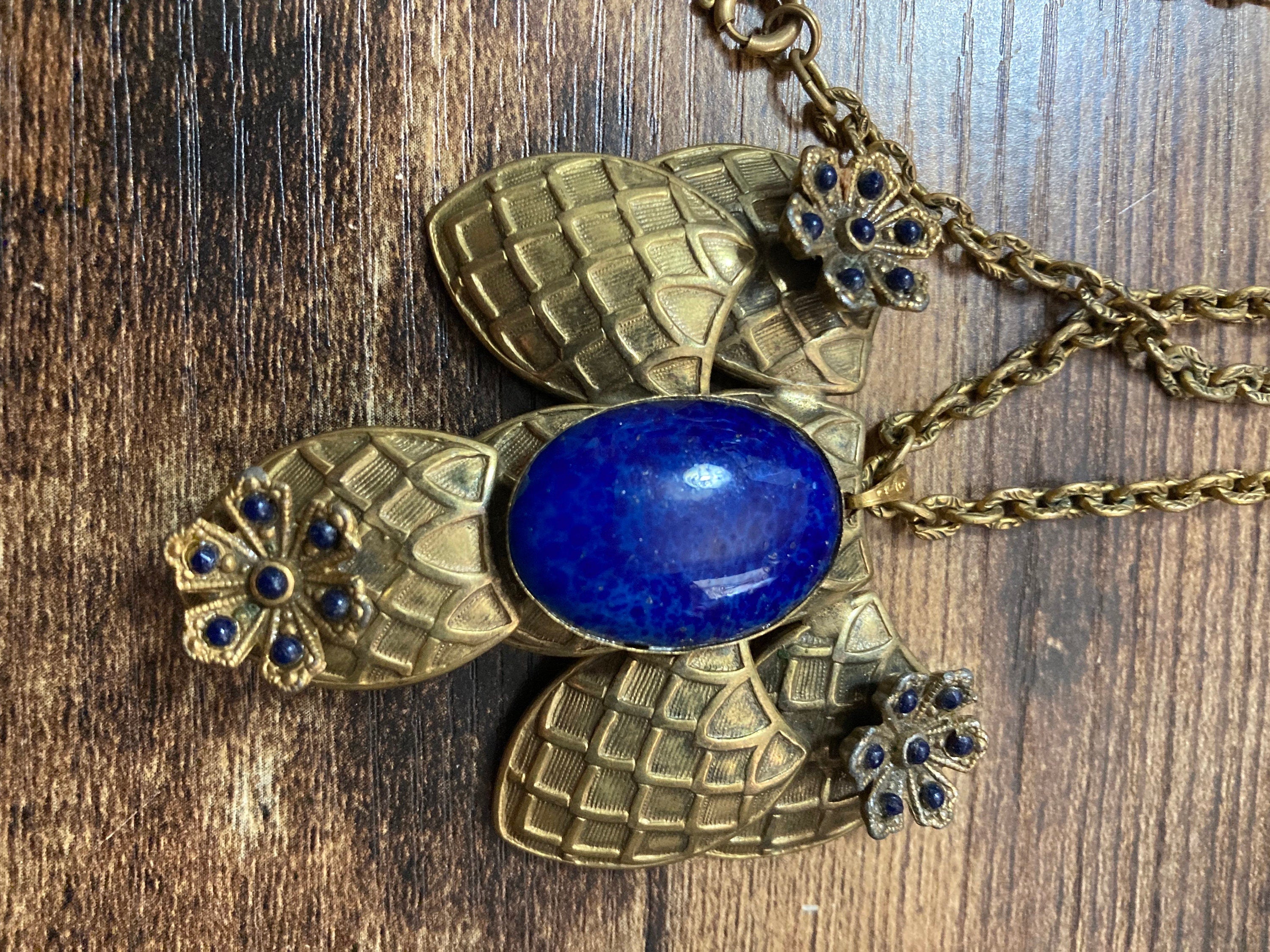 Czech Art Deco Egyptian style bright blue Oval gemstone cabochon micro bead necklace