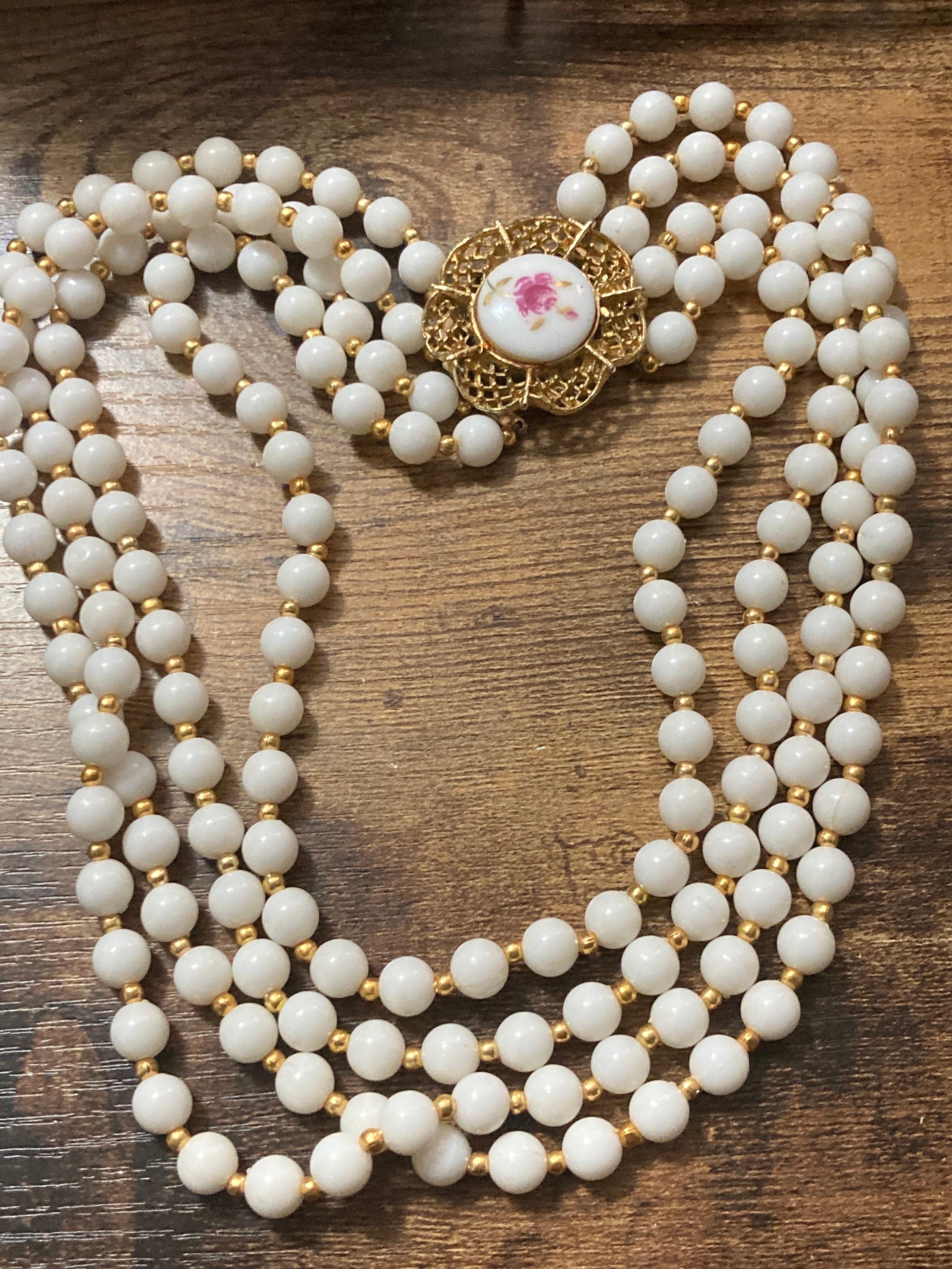 Mid century white gold plastic beaded multi strand choker necklace ceramic roses clasp