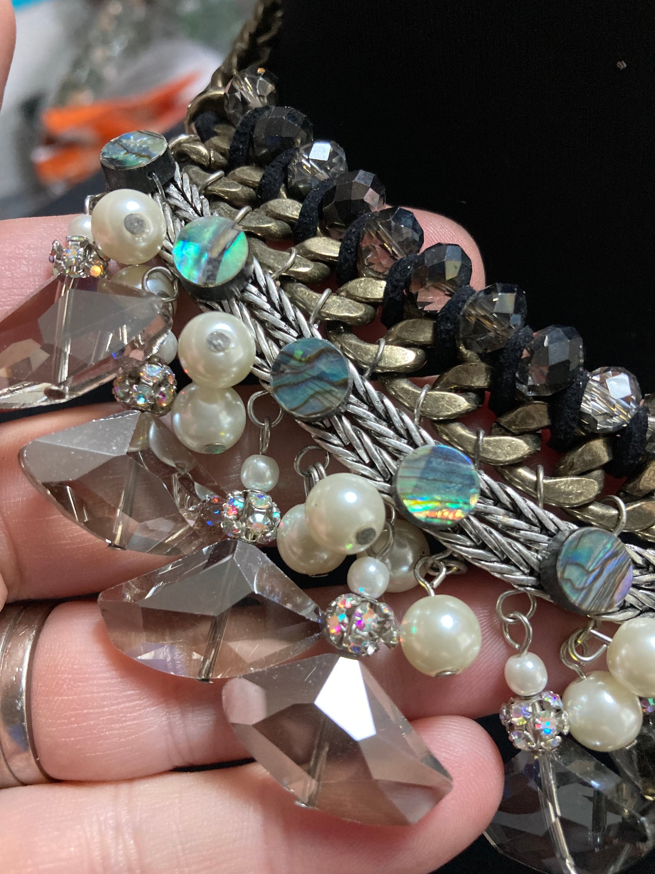 Chunky Diamanté Choker Necklace: Retro Copper Tone Faux Pearl Statement