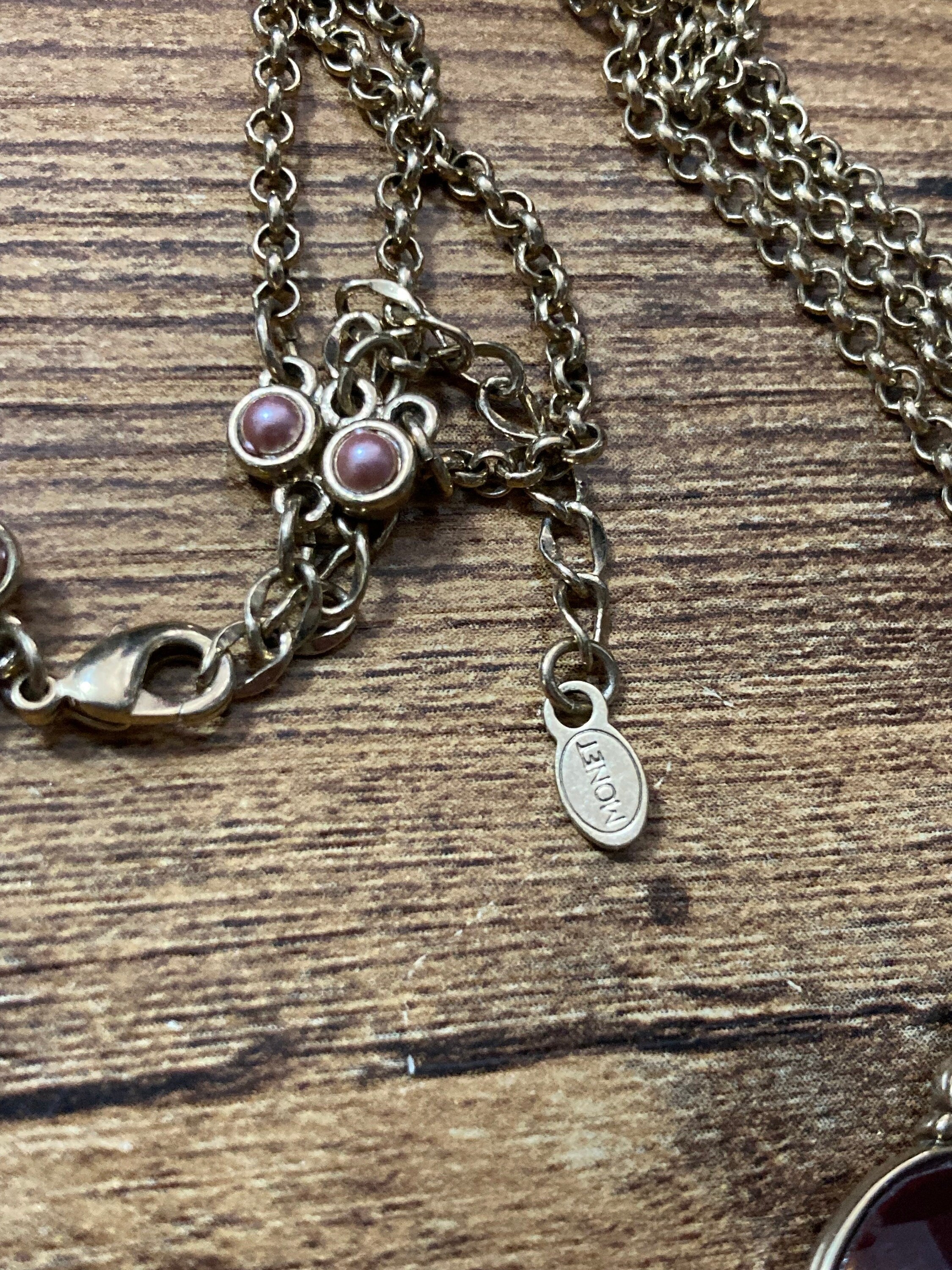 signed MONET red brown pink bib necklace, autumnal beaded