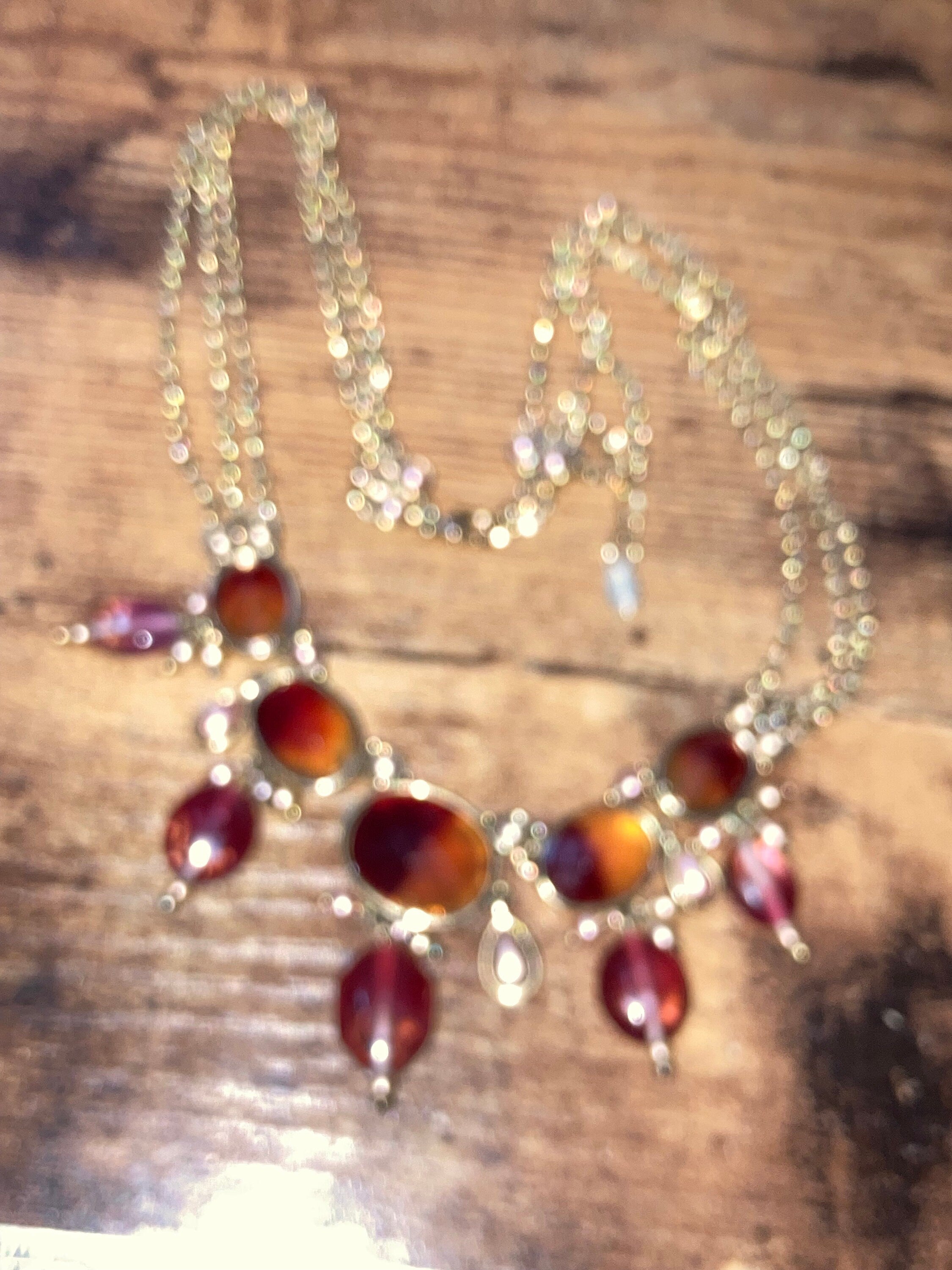 signed MONET red brown pink bib necklace, autumnal beaded