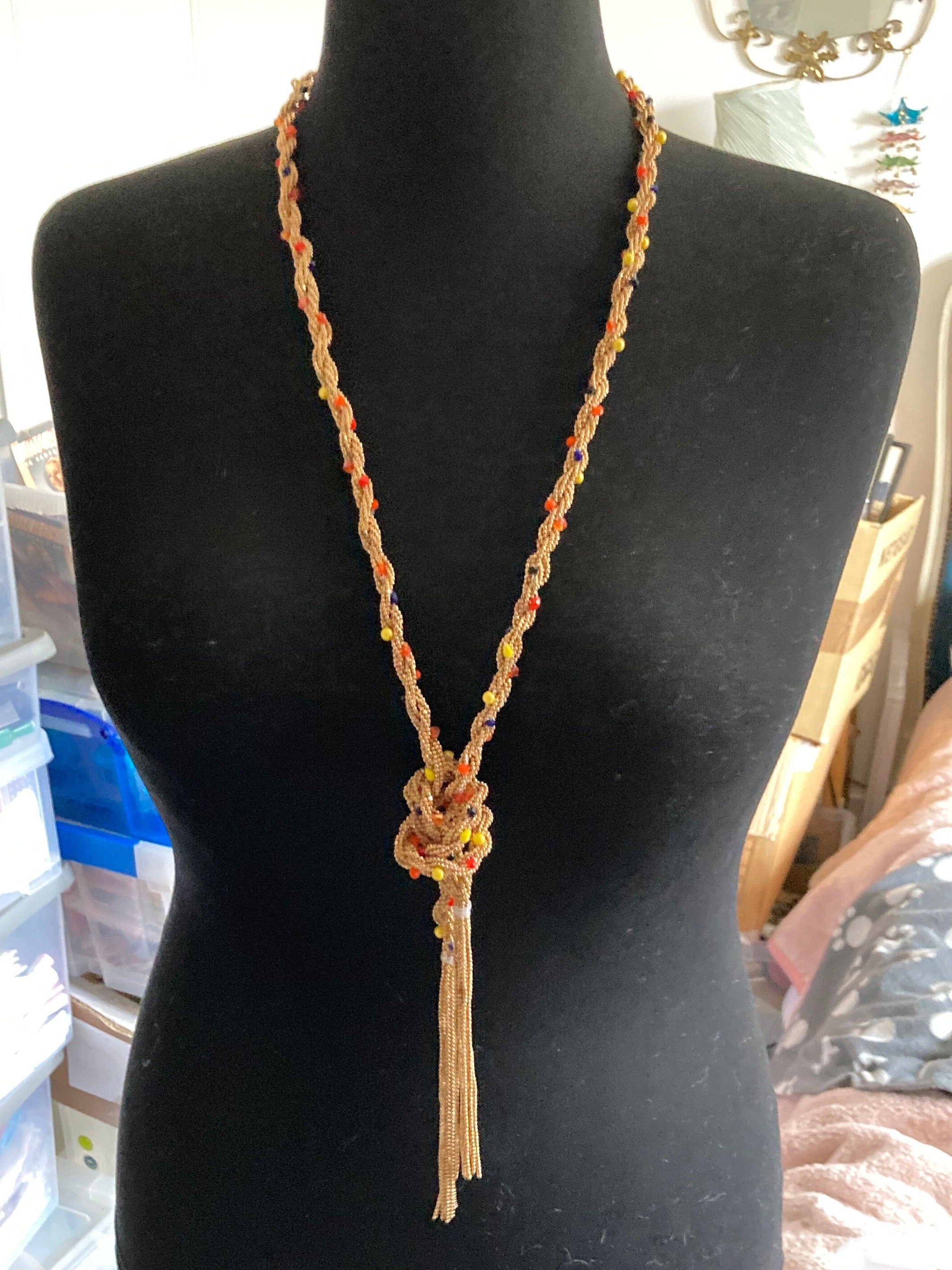 Retro Gold Tone Seed Bead Tassel Necklace or Beaded Belt (140cm)