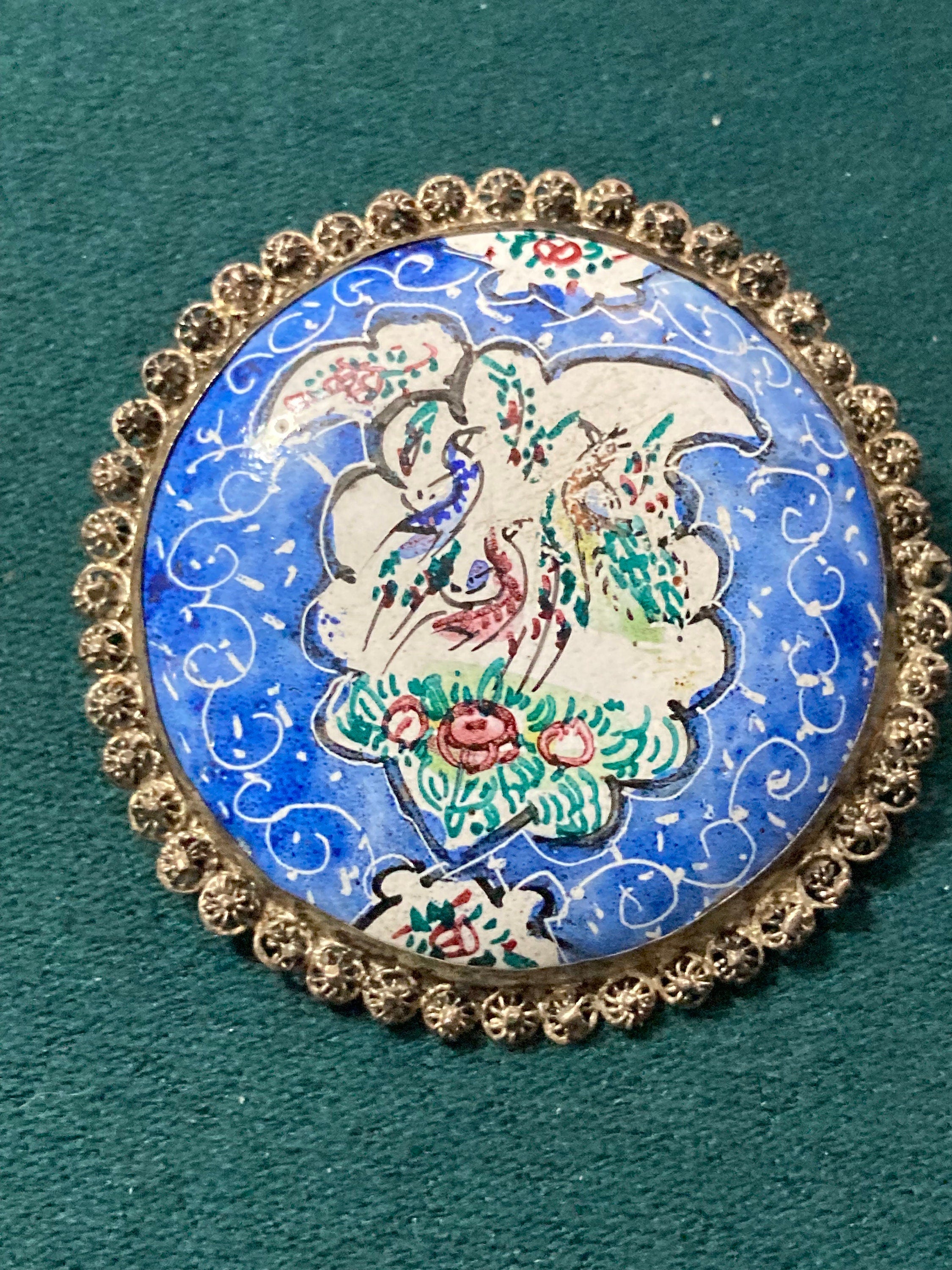 Antique Hand Painted blue enamel Eastern Arabic Brooch
