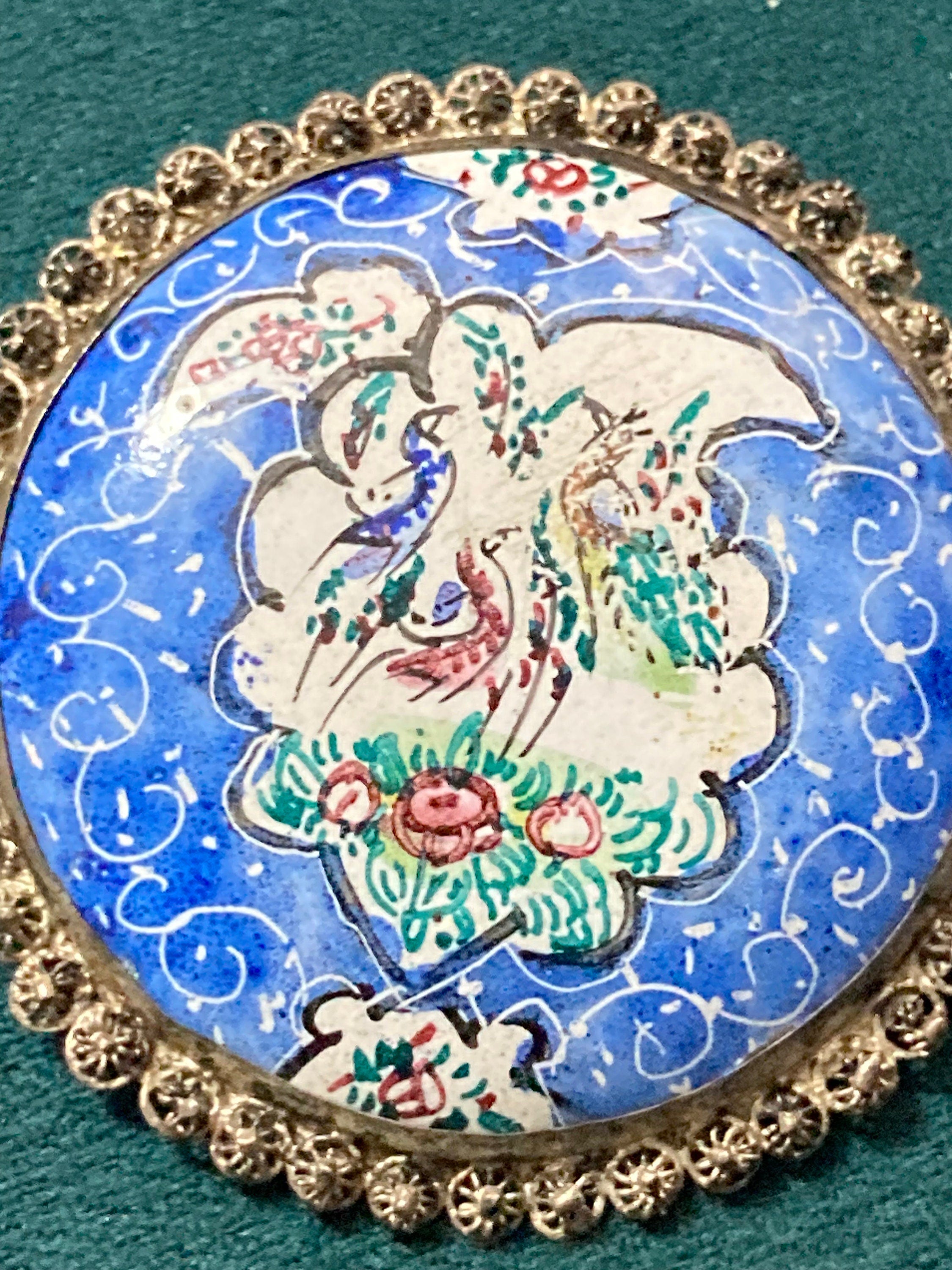 Antique Hand Painted blue enamel Eastern Arabic Brooch