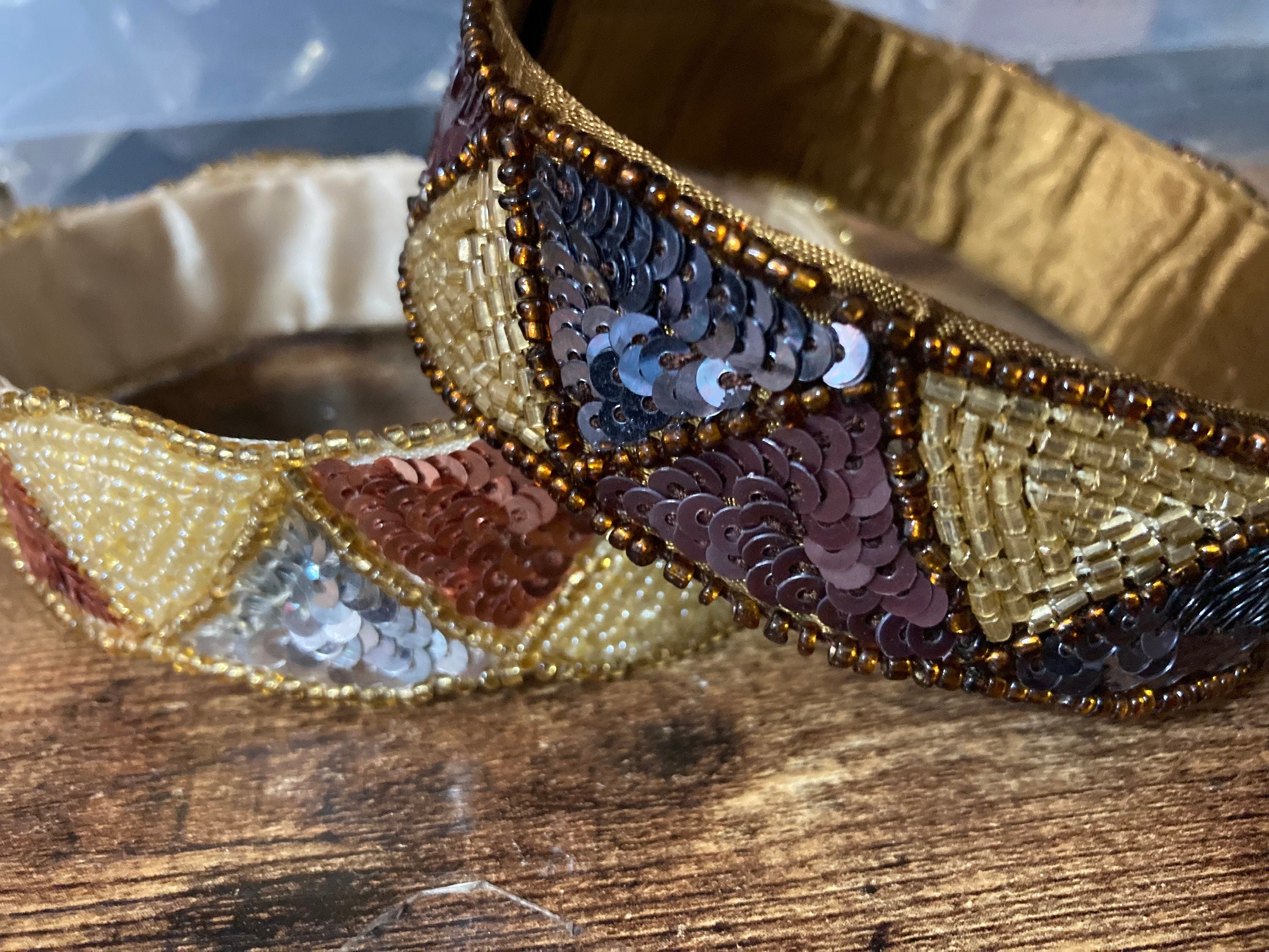 Art Deco Sequin Choker: Brown & Gold Seed Bead Necklace