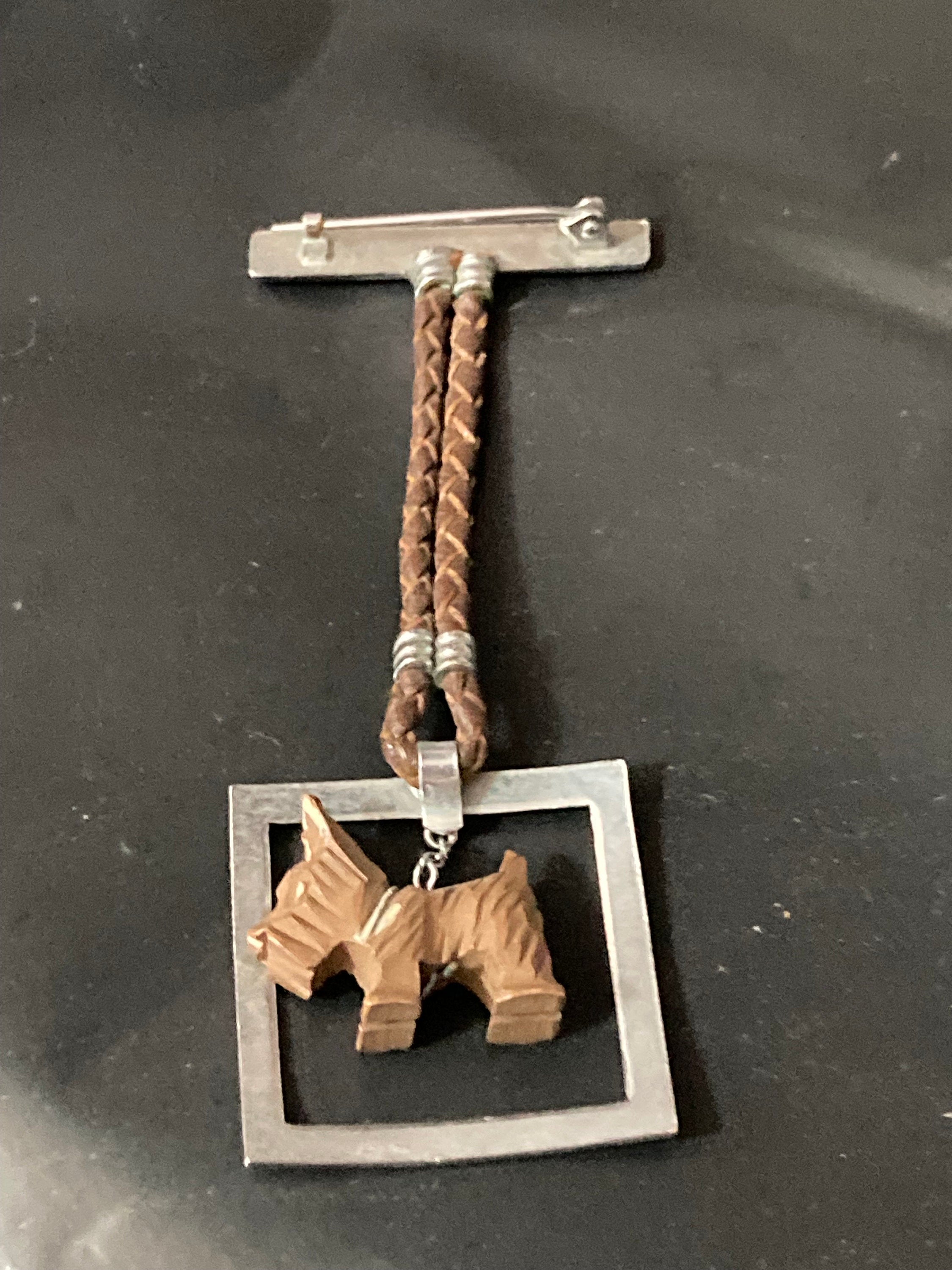 Art Deco Scottie Dog Brooch: Carved Wood Pendant, Chrome Bar, 1920s