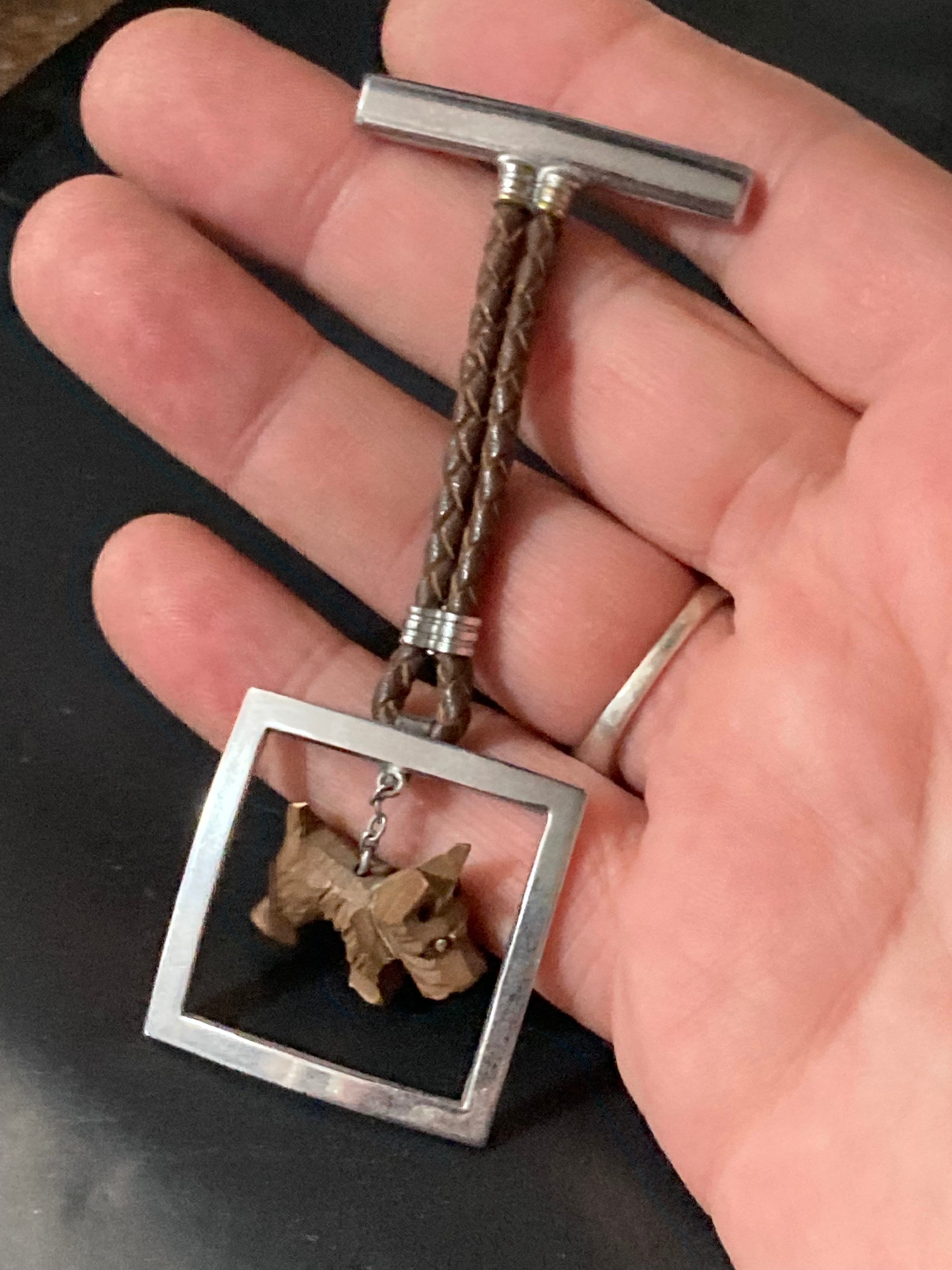 Art Deco Scottie Dog Brooch: Carved Wood Pendant, Chrome Bar, 1920s