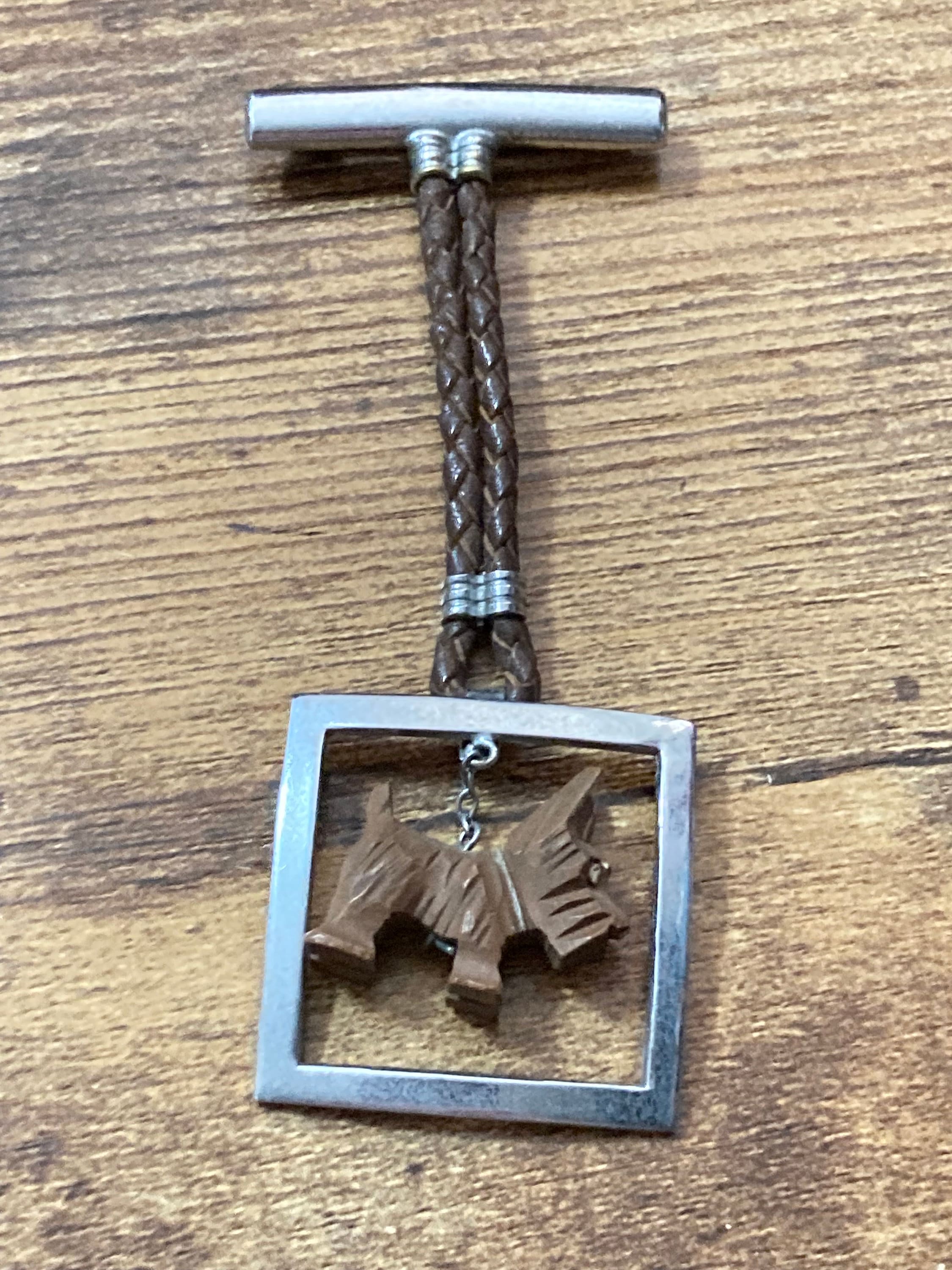 Art Deco Scottie Dog Brooch: Carved Wood Pendant, Chrome Bar, 1920s