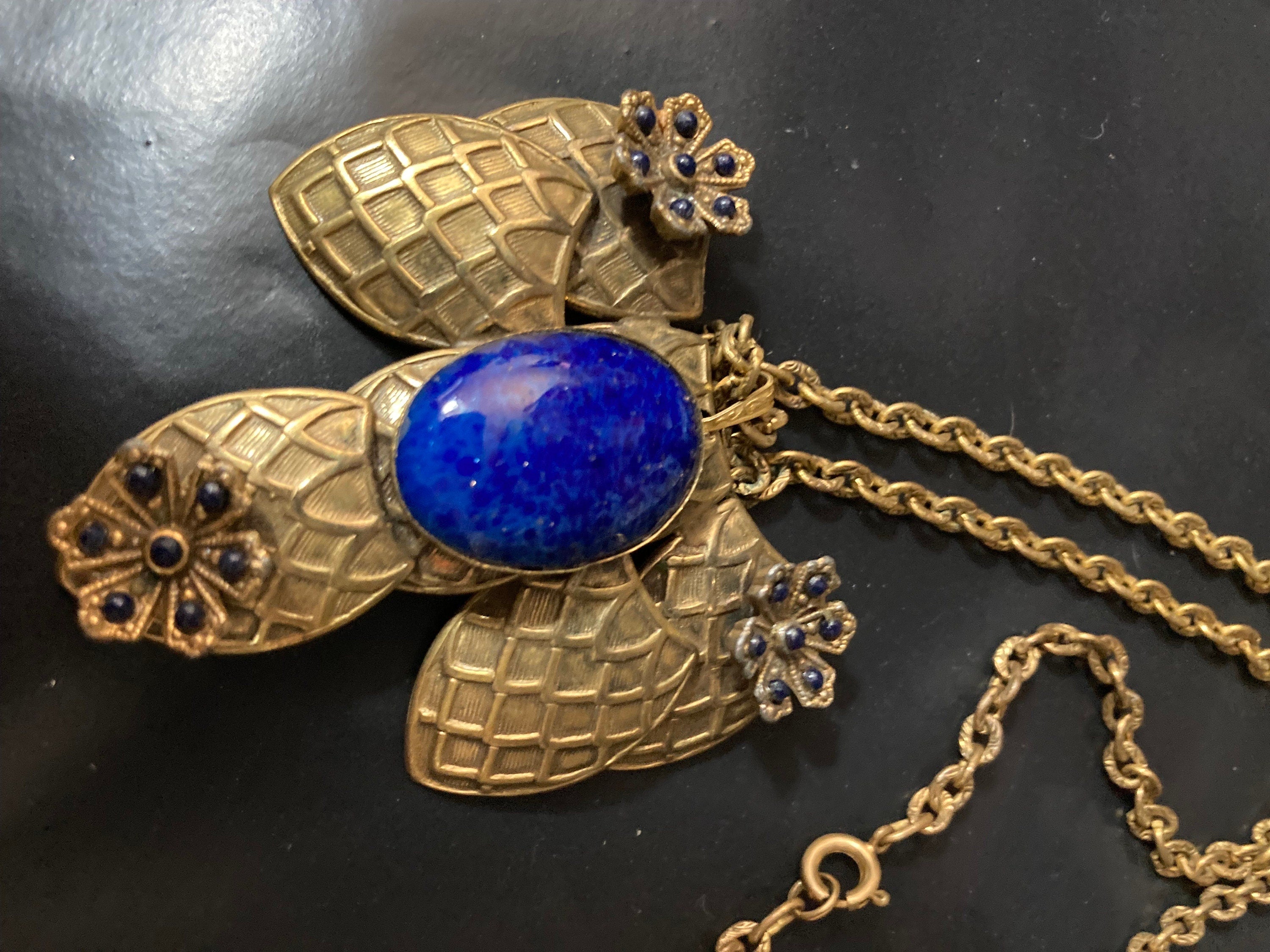 Czech Art Deco Egyptian style bright blue Oval gemstone cabochon micro bead necklace