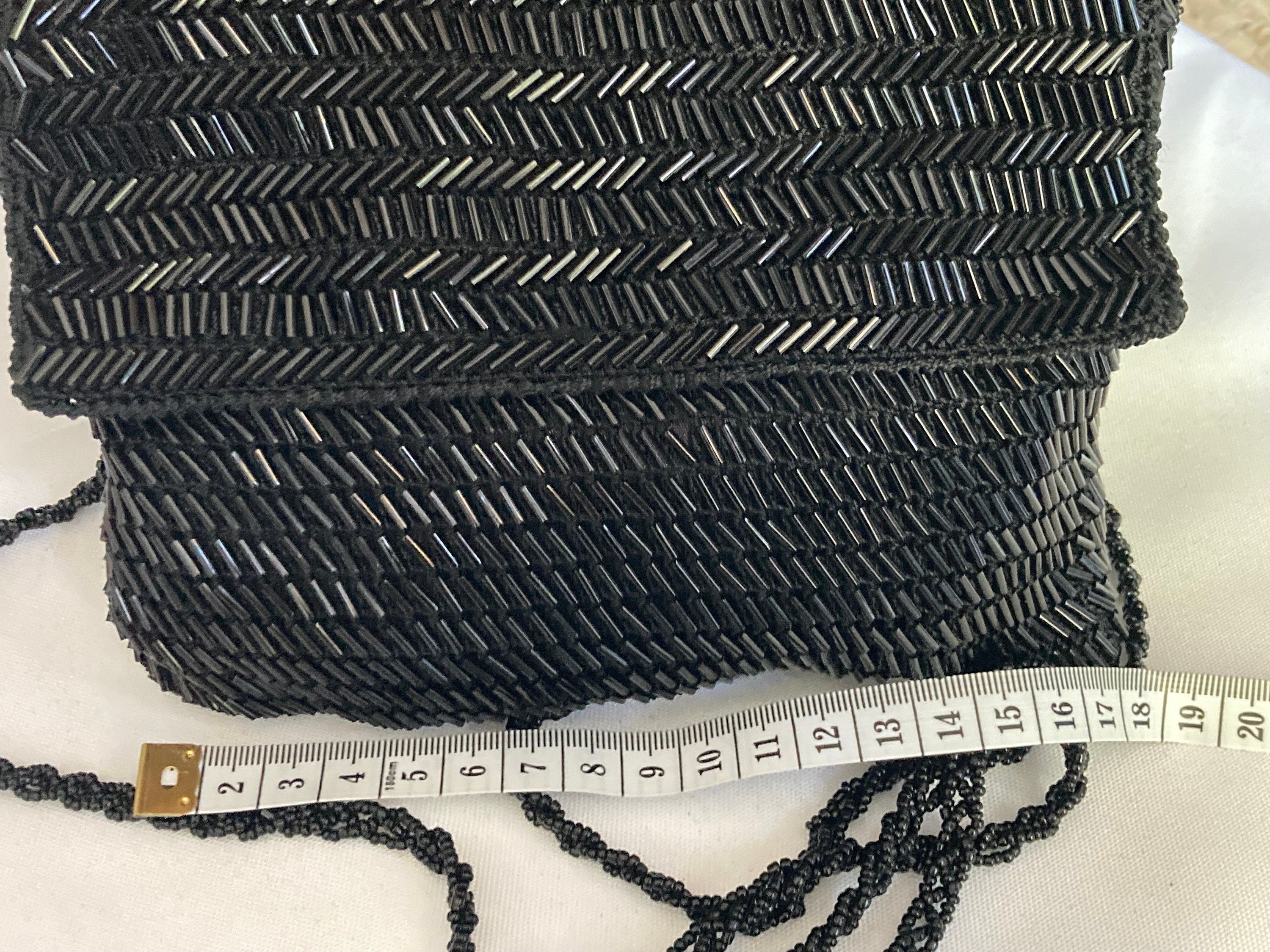 Retro shiny black geometric glass bugle Beaded evening Bag shoulder purse seed bead Woven strap and internal zip
