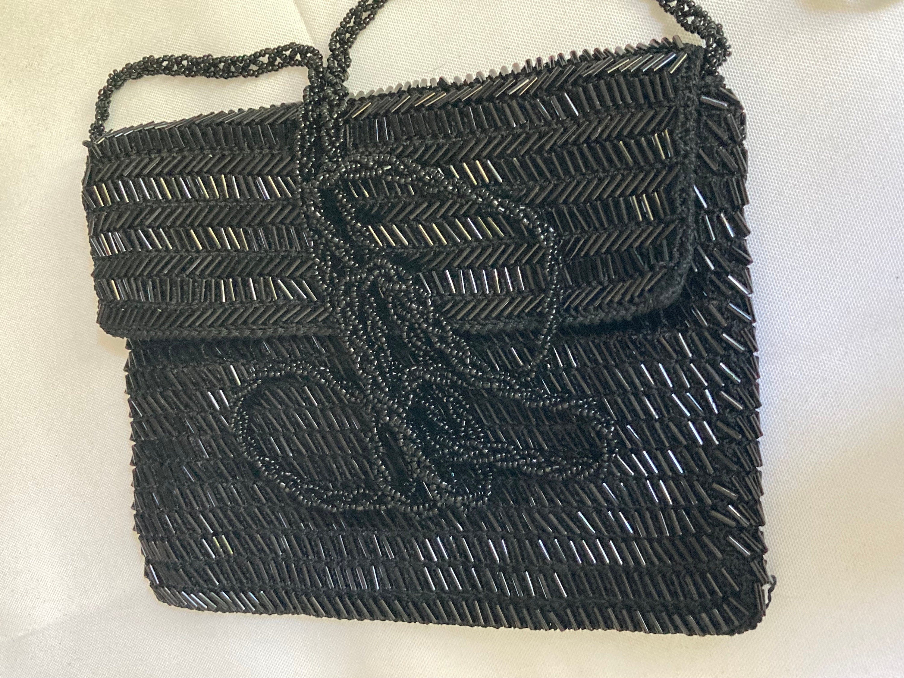 Retro shiny black geometric glass bugle Beaded evening Bag shoulder purse seed bead Woven strap and internal zip