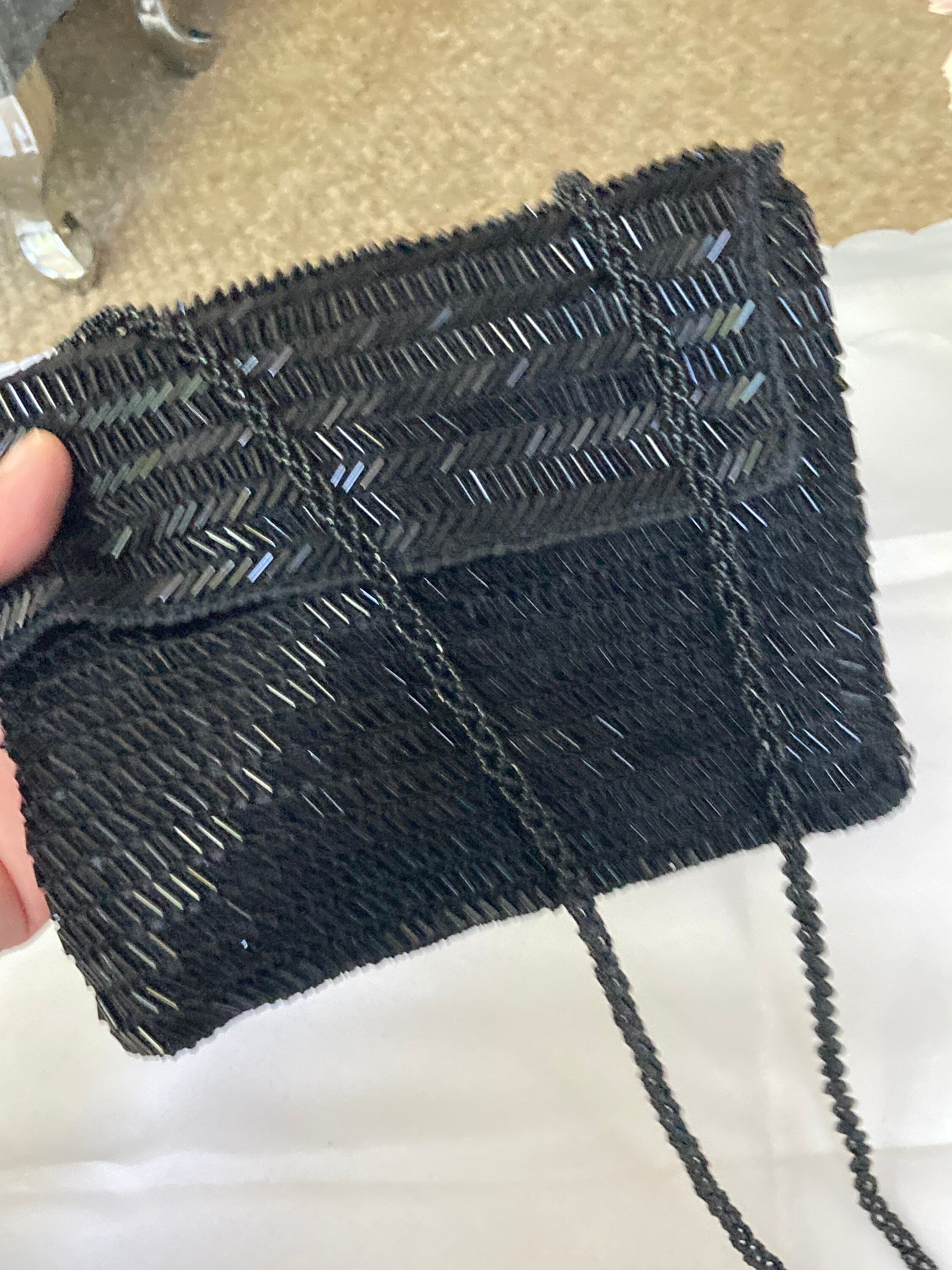 Retro shiny black geometric glass bugle Beaded evening Bag shoulder purse seed bead Woven strap and internal zip