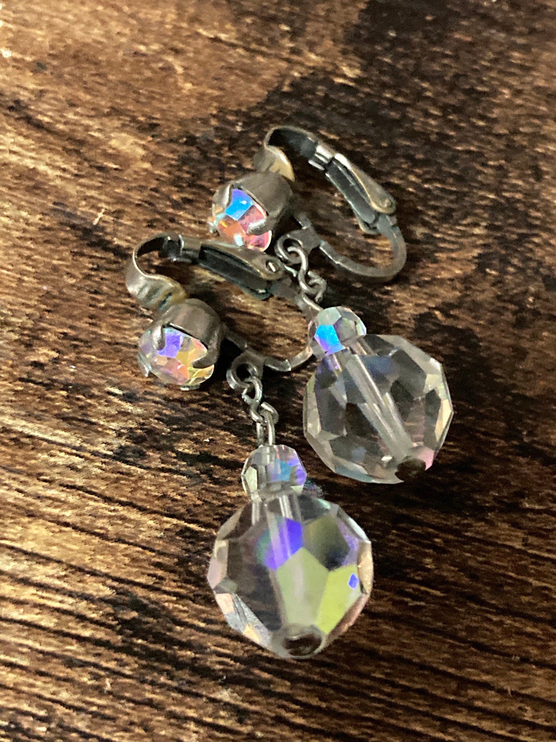 vintage Clear AB aurora borealis glass rhinestone beaded diamanté Clip on drop earrings dangly