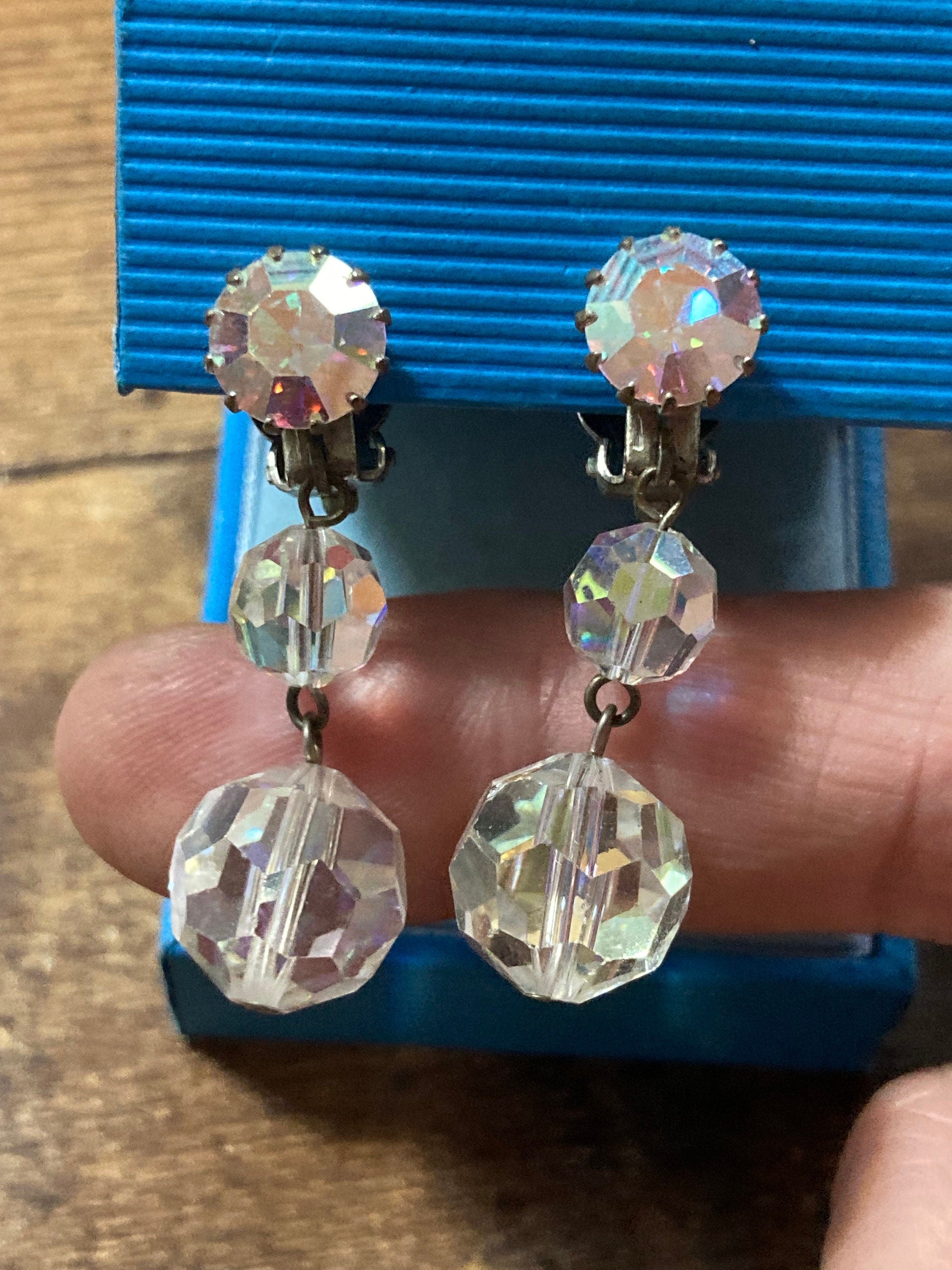vintage Clear AB aurora borealis glass rhinestone beaded diamanté Clip on drop earrings dangly