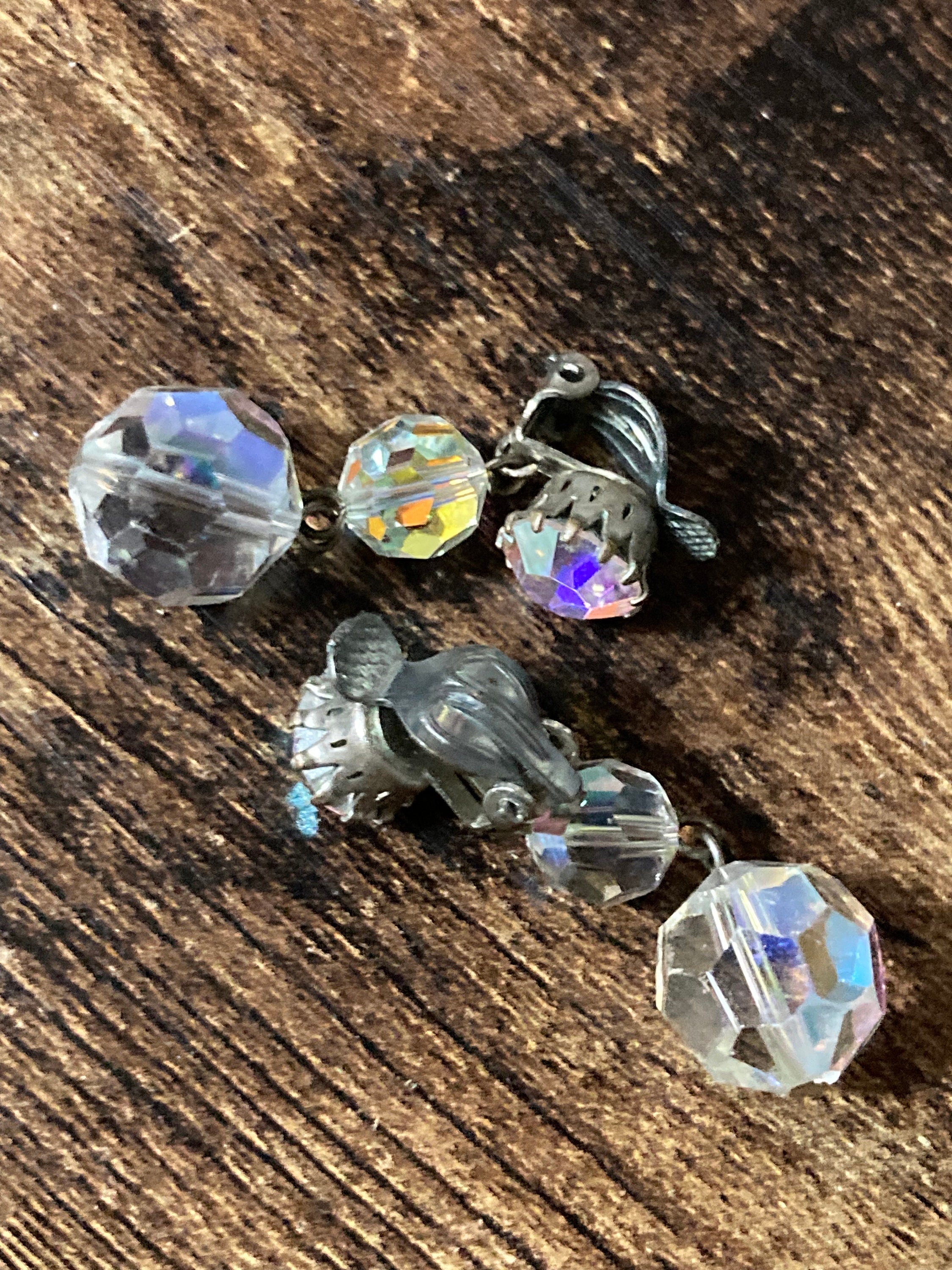vintage Clear AB aurora borealis glass rhinestone beaded diamanté Clip on drop earrings dangly